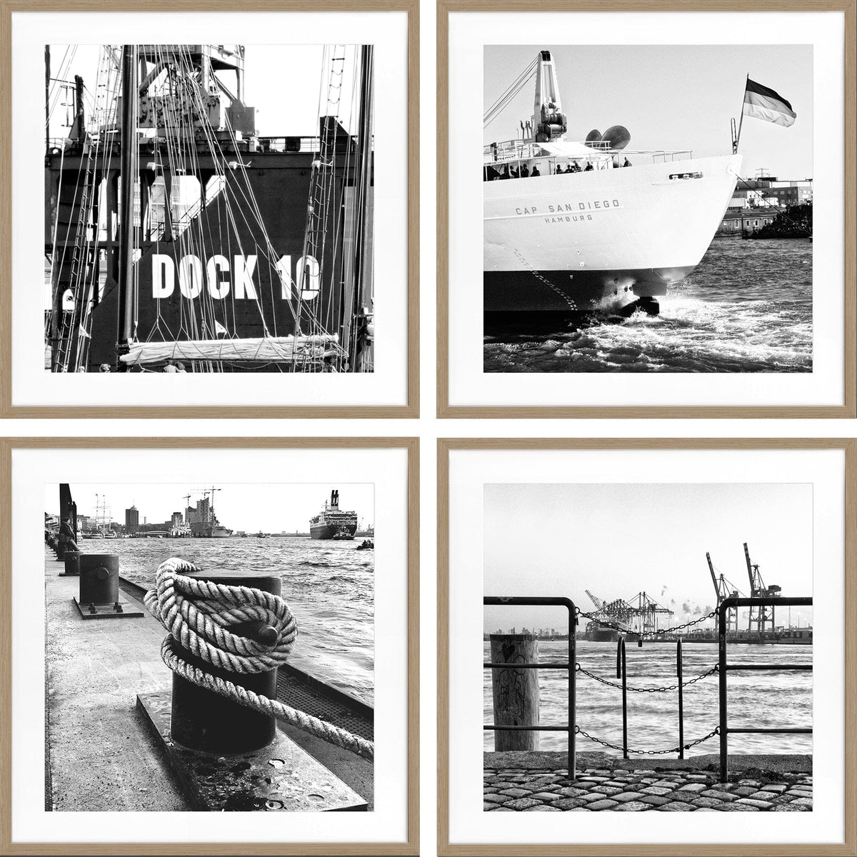 Hamburg Hafen Bilderwand mit vier quadratischen Schwarz-Weiß-Motiven und Holzrahmen in Eiche Furnier