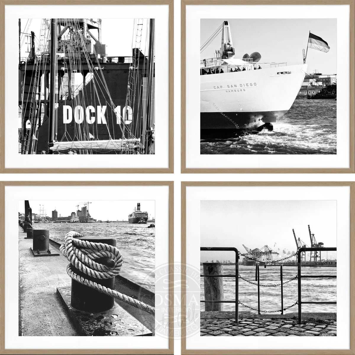 Hamburg Hafen Bilderwand mit vier quadratischen Schwarz-Weiß-Motiven und Holzrahmen in Eiche Furnier