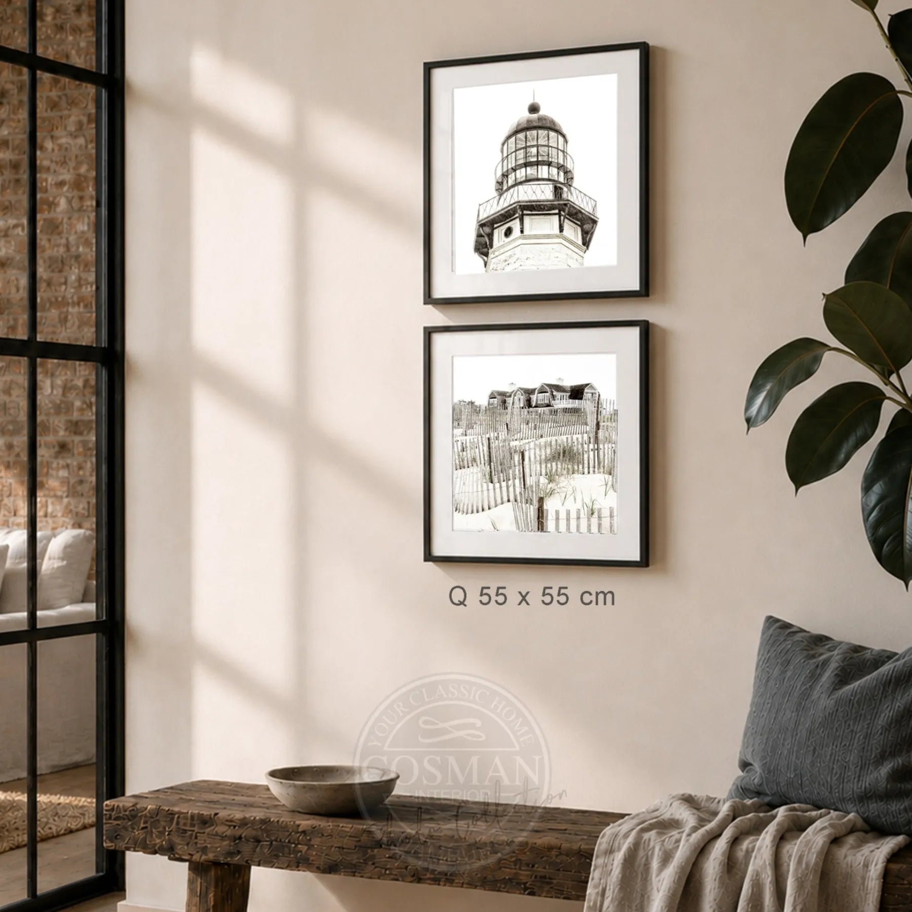 Hamptons Bilderwand als 2er-Set mit gerahmtem Beach House HM15Q und Montauk Lighthouse HM13Q, jeweils 55 × 55 cm