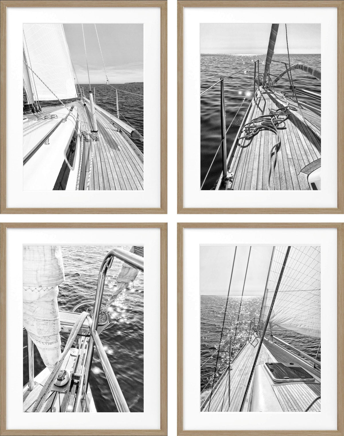 Sailing Bilderwand mit vier Schwarz-Weiß-Segelmotiven und Holzrahmen in Eiche Furnier, Format L
