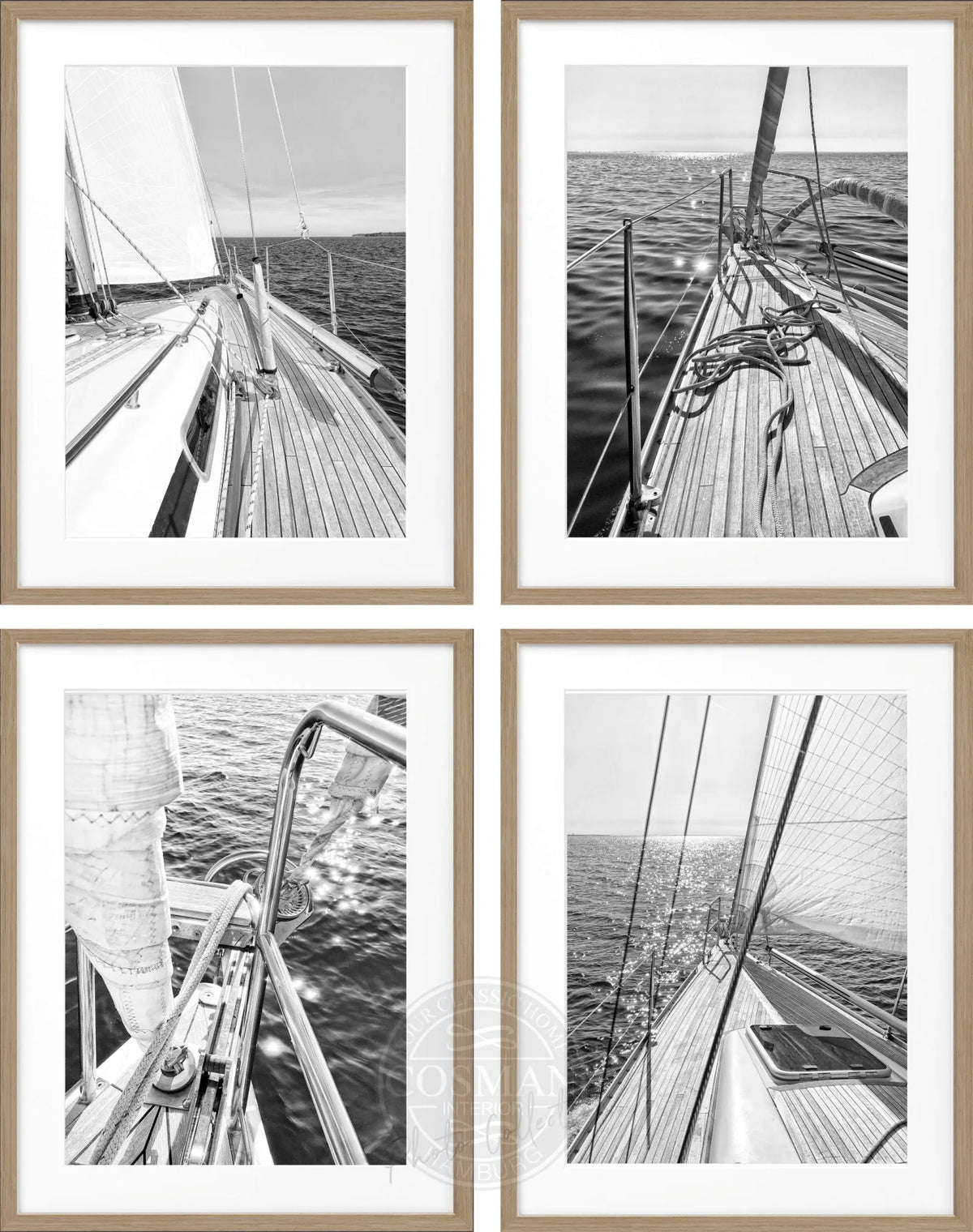 Sailing Bilderwand mit vier Schwarz-Weiß-Segelmotiven und Holzrahmen in Eiche Furnier, Format L