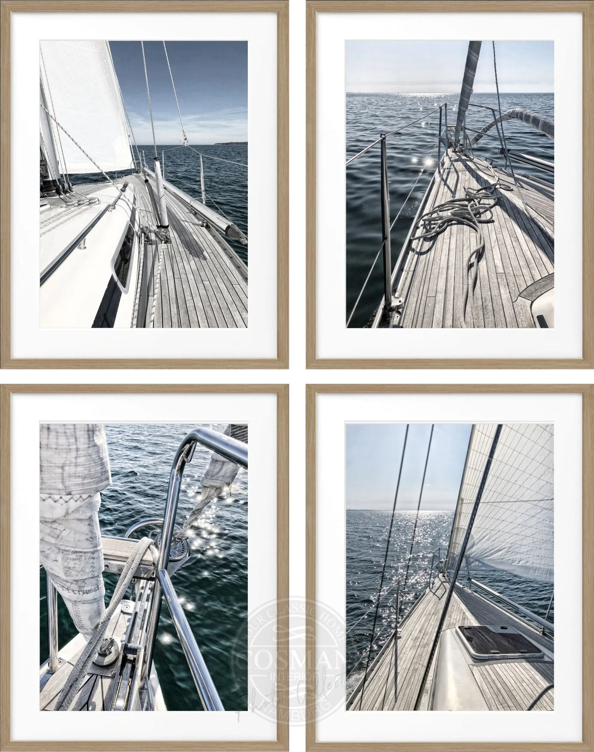 Sailing Bilderwand mit vier farbigen Segelmotiven und Holzrahmen in Eiche Furnier, Format L