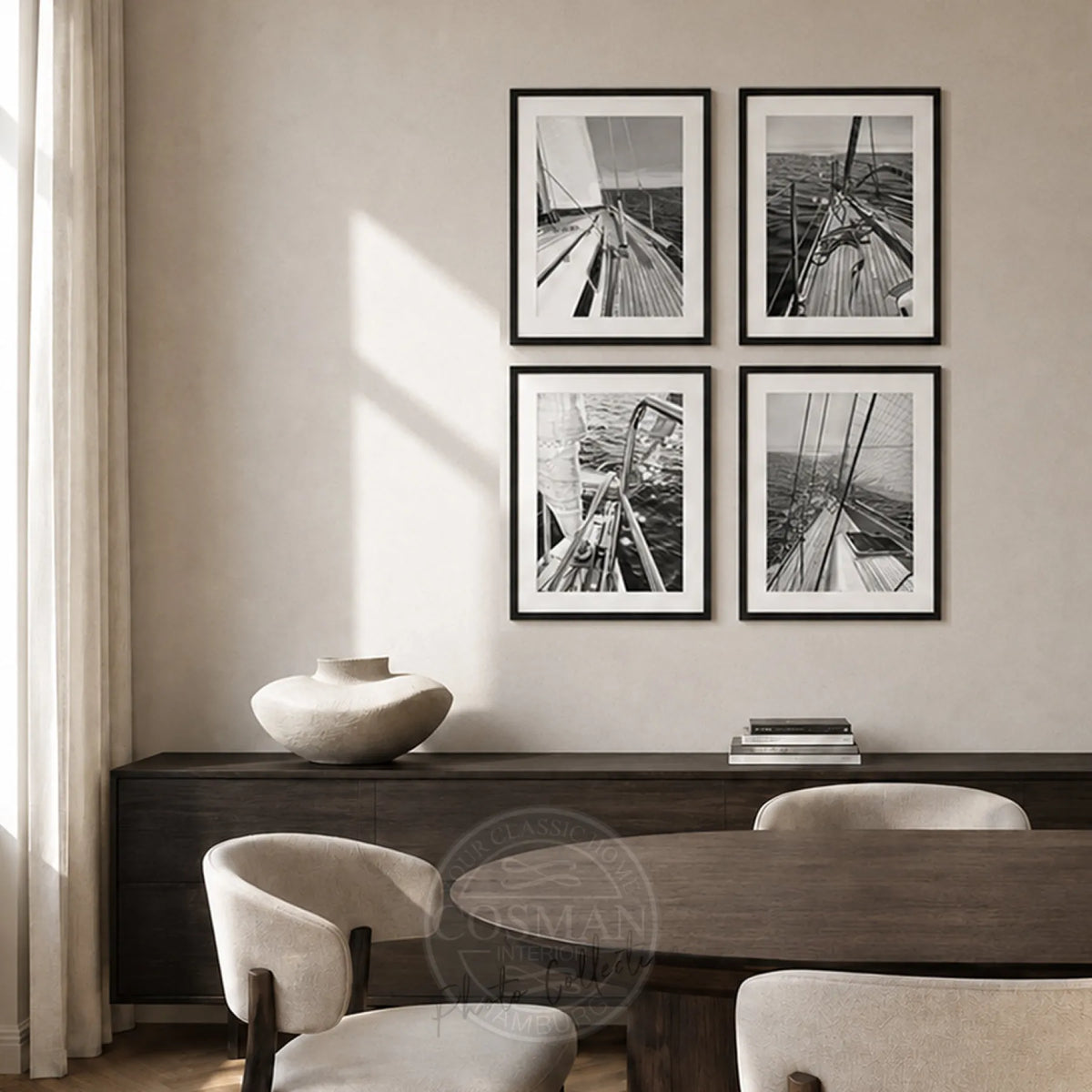 Sailing Bilderwand als 4er-Set mit vier gerahmten Segelmotiven im Wohnraum, Format L