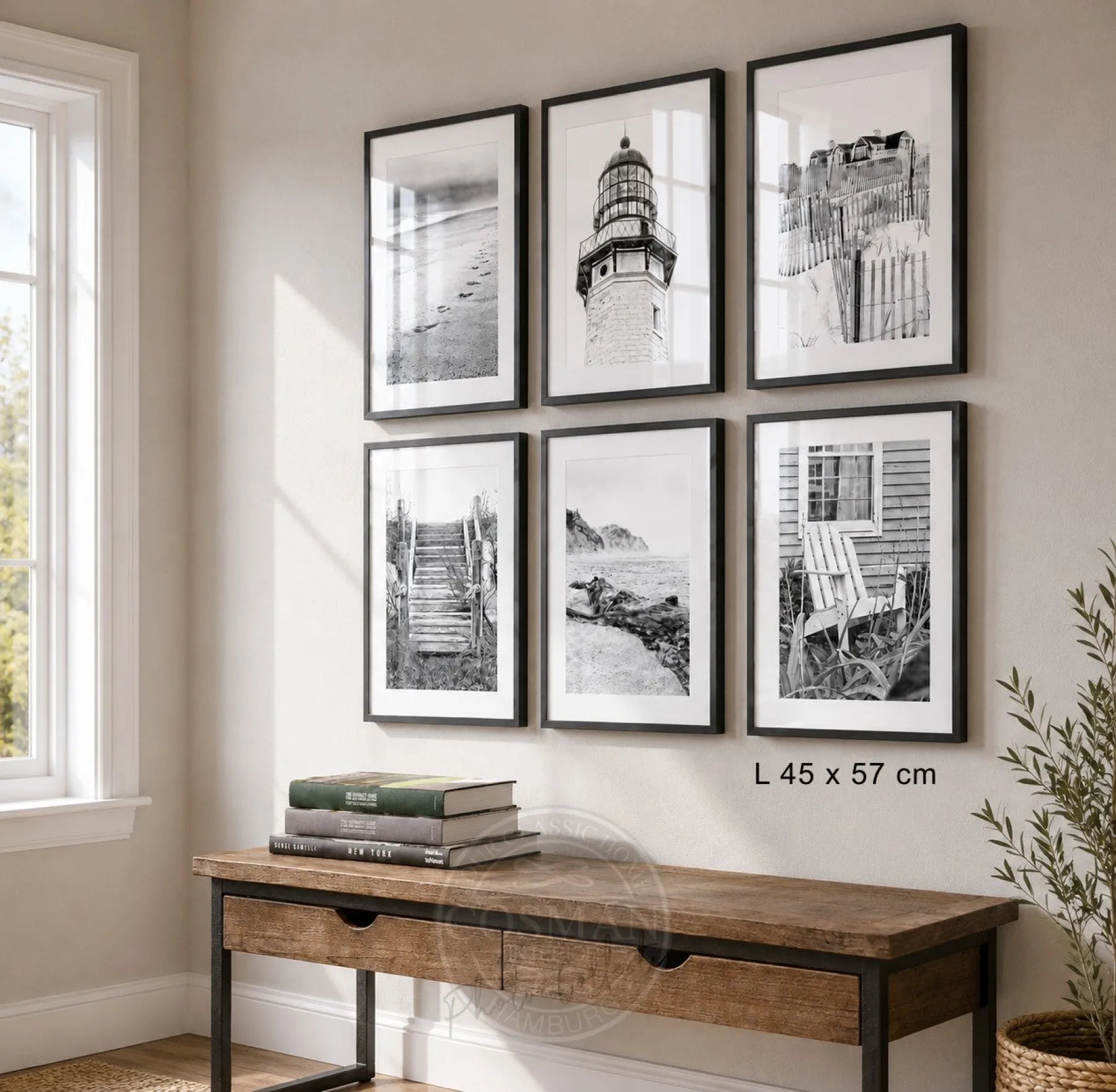Hamptons Bilderwand als 6er-Set mit sechs gerahmten Schwarz-Weiß-Fotografien aus Long Island im Format 45 × 57 cm