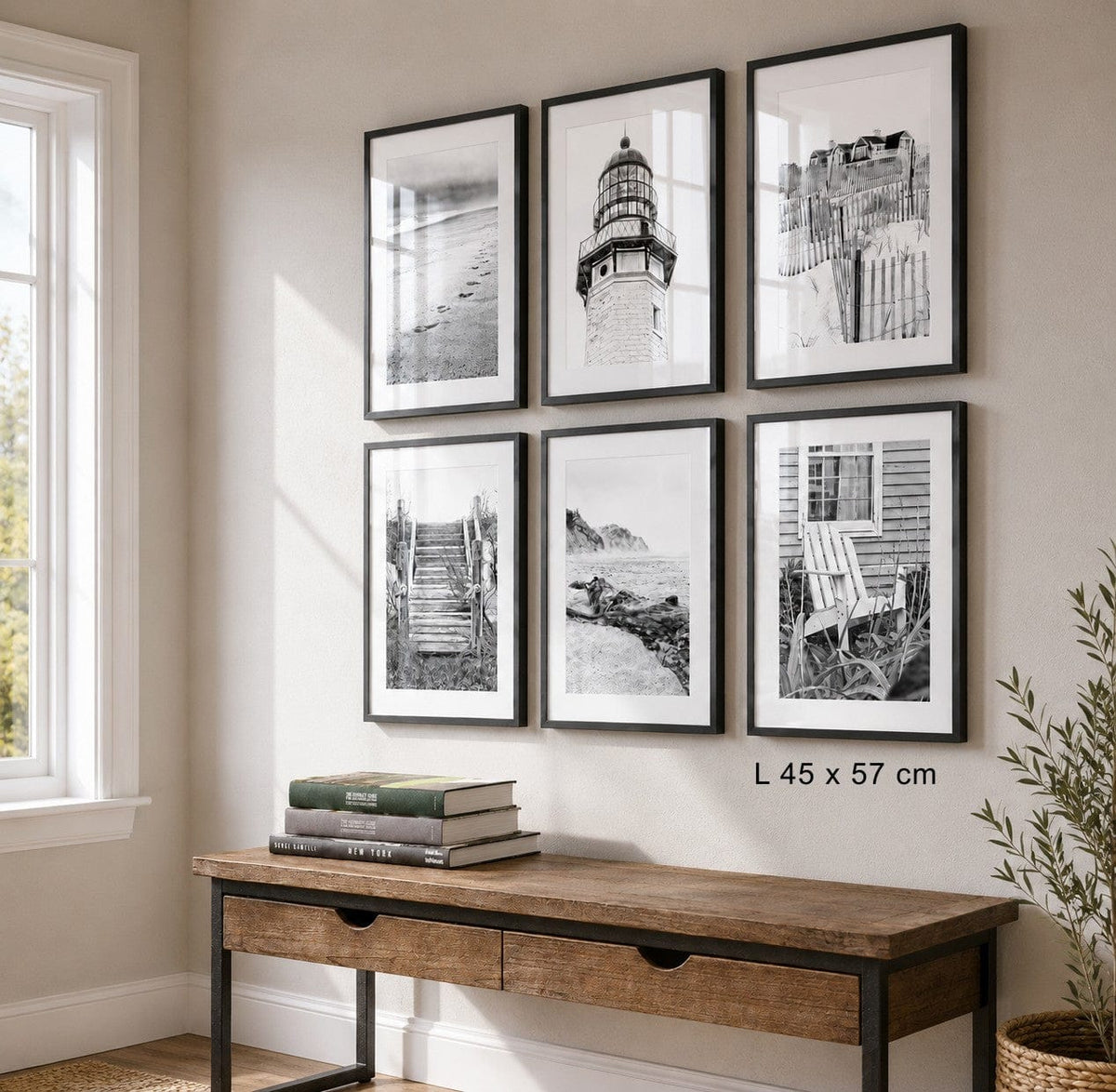 Hamptons Bilderwand als 6er-Set mit sechs gerahmten Schwarz-Weiß-Fotografien aus Long Island im Format 45 × 57 cm