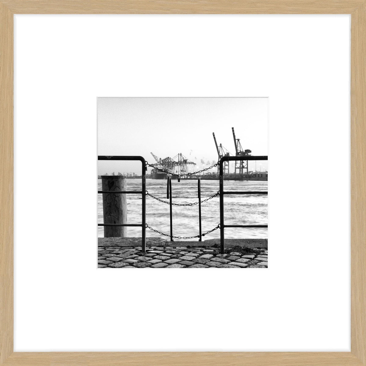Hafen-Poster mit Rahmen, 43x43cm, von Cosman-Photocollection, in natürlicher Eiche, zeigt Hamburgs Hafenlandschaft.