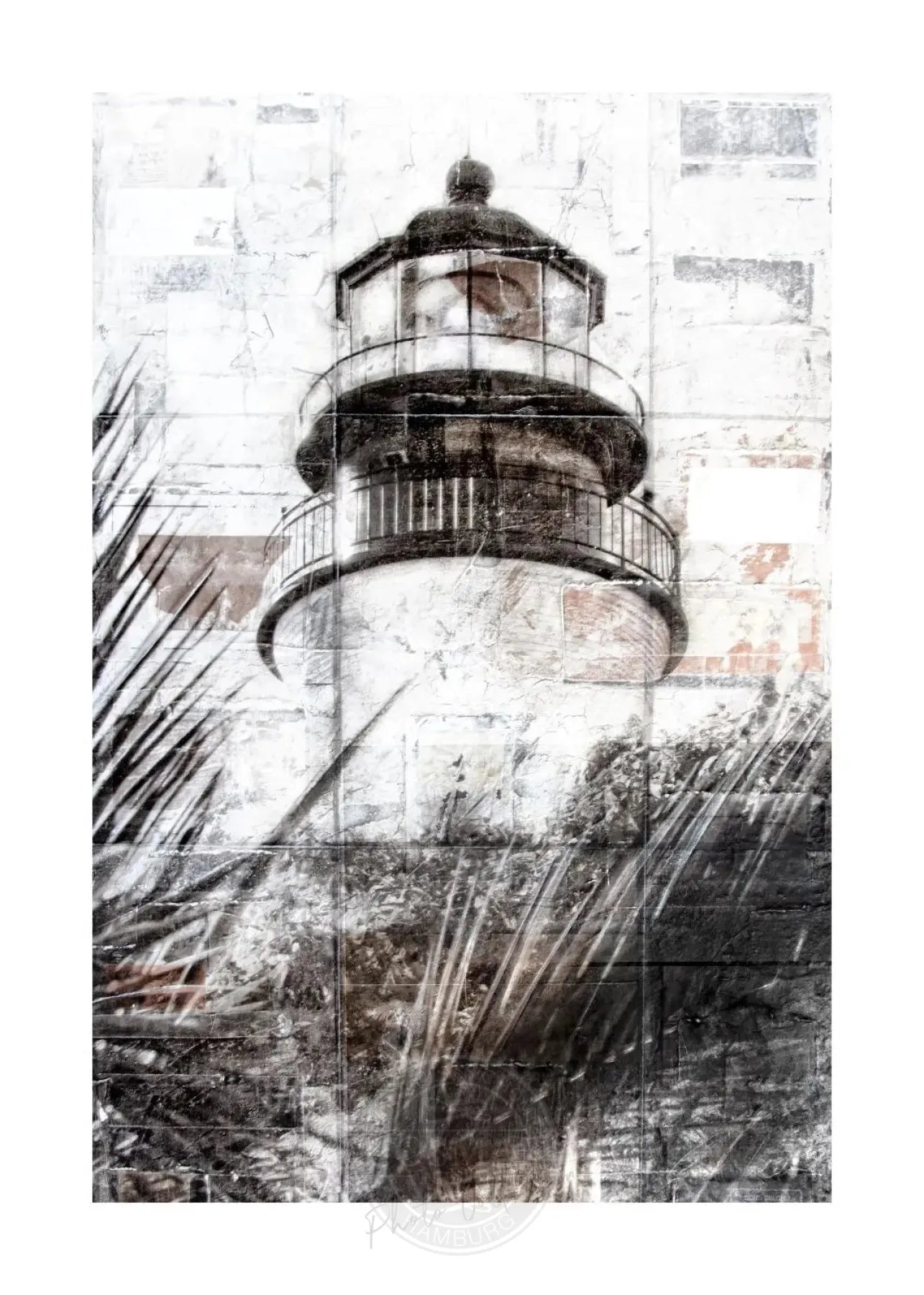 Helles Poster von Cosman-Photocollection mit Leuchtturm in Key West, Florida, im A4-Format mit weißem Rand.