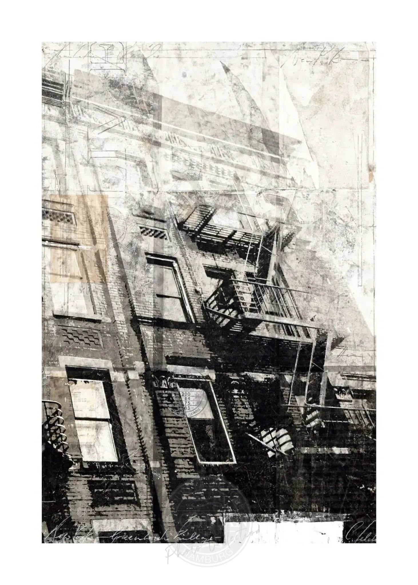 A4-Poster von Cosman-Photocollection mit weißem Rand, zeigt eine Feuerleiter in NYC, Druck im Format 21x29,7 cm
