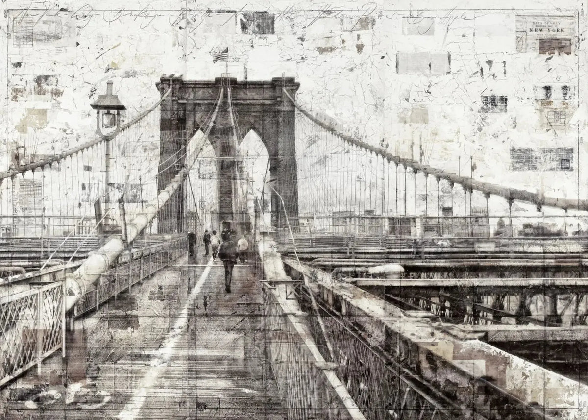 Hochwertiger Poster des Brooklyn Bridge von Cosman-Photocollection, mit weißem Rand, A4-Größe, klarer Ansicht der Brücke.