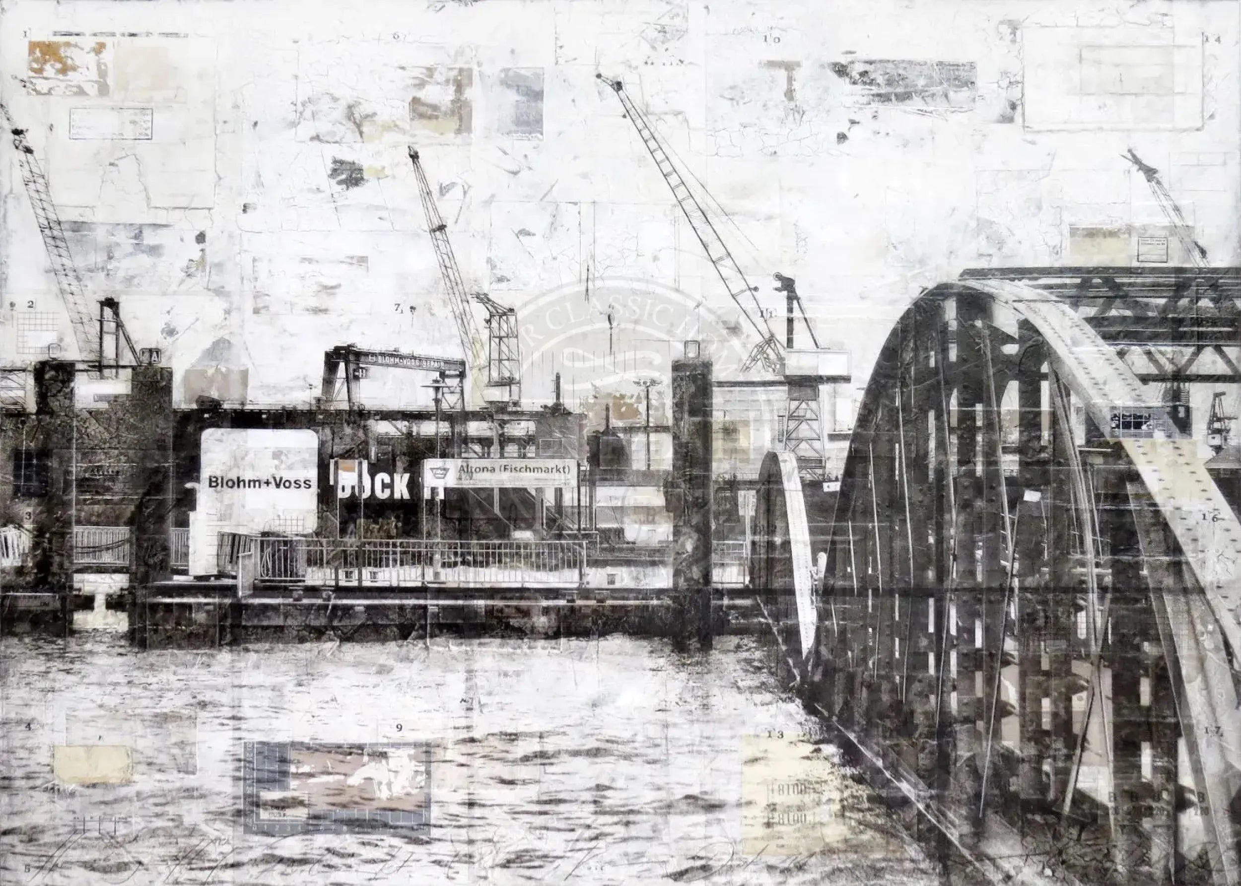Poster des Hamburg Hafens mit Landungsbrücken von Cosman-Photocollection, weißer Rand, A4-Größe, stimmungsvolle Hafenaufnahme