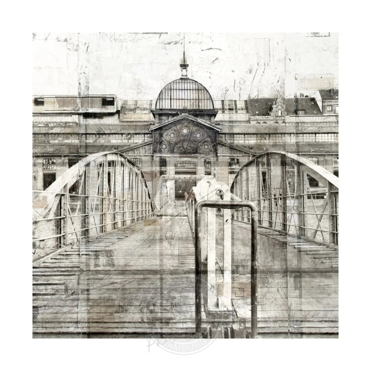 Hochwertiges Poster der Fischauktionshalle im Hamburger Hafen von Cosman-Photocollection, 40x40 cm, mit weißem Rand.