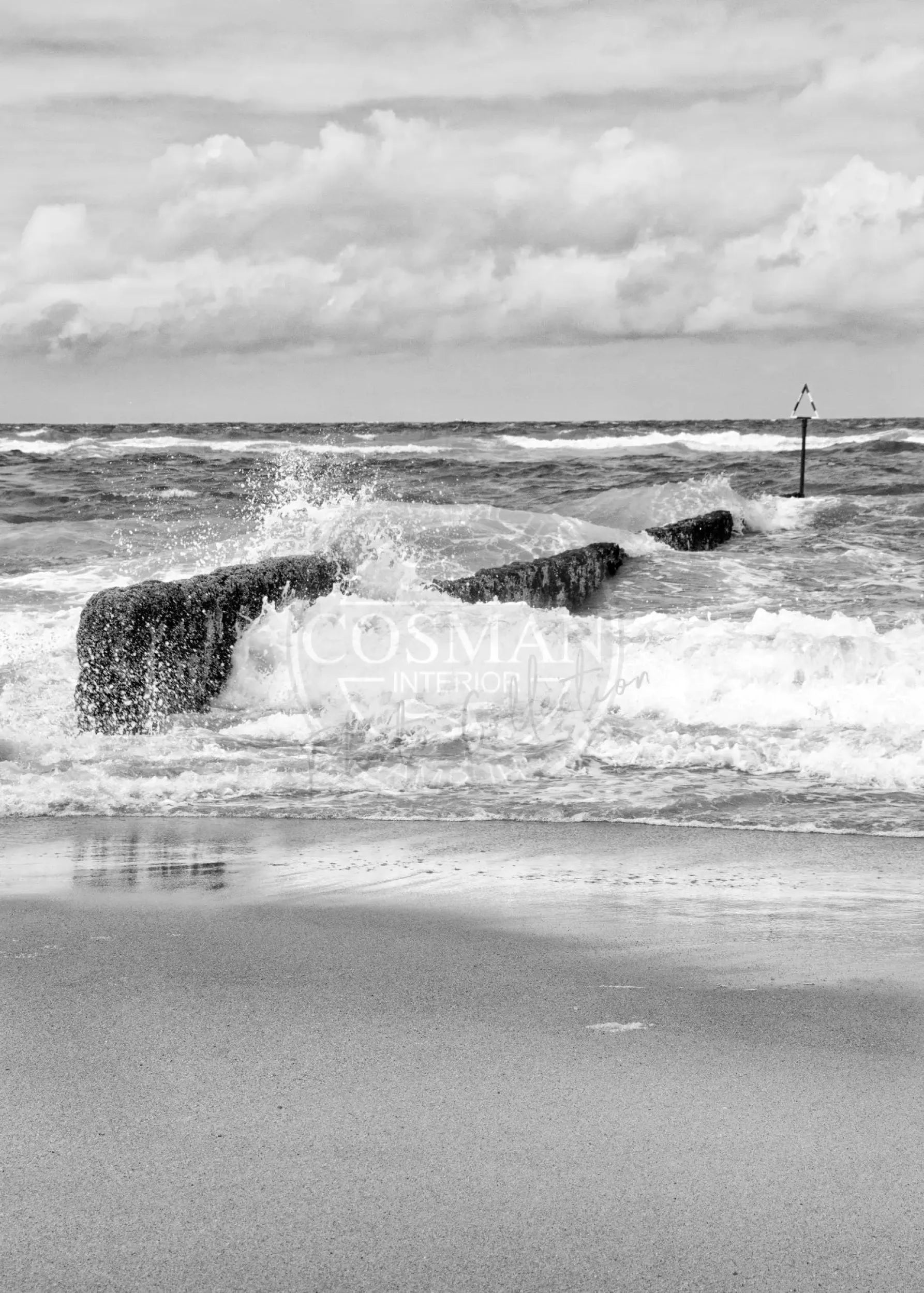 Schwarz-weiß Poster ’Buhne’ Sylt von Cosman-Photocollection, A4 Druck mit weißem Rand, maritime Küstenansicht