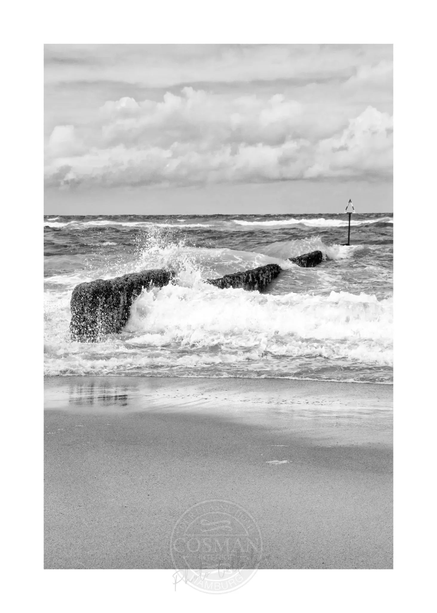 Schwarz-weiß Poster der Buhne Sylt, 21x29,7 cm, von Cosman-Photocollection, mit weißem Rand, A4-Format