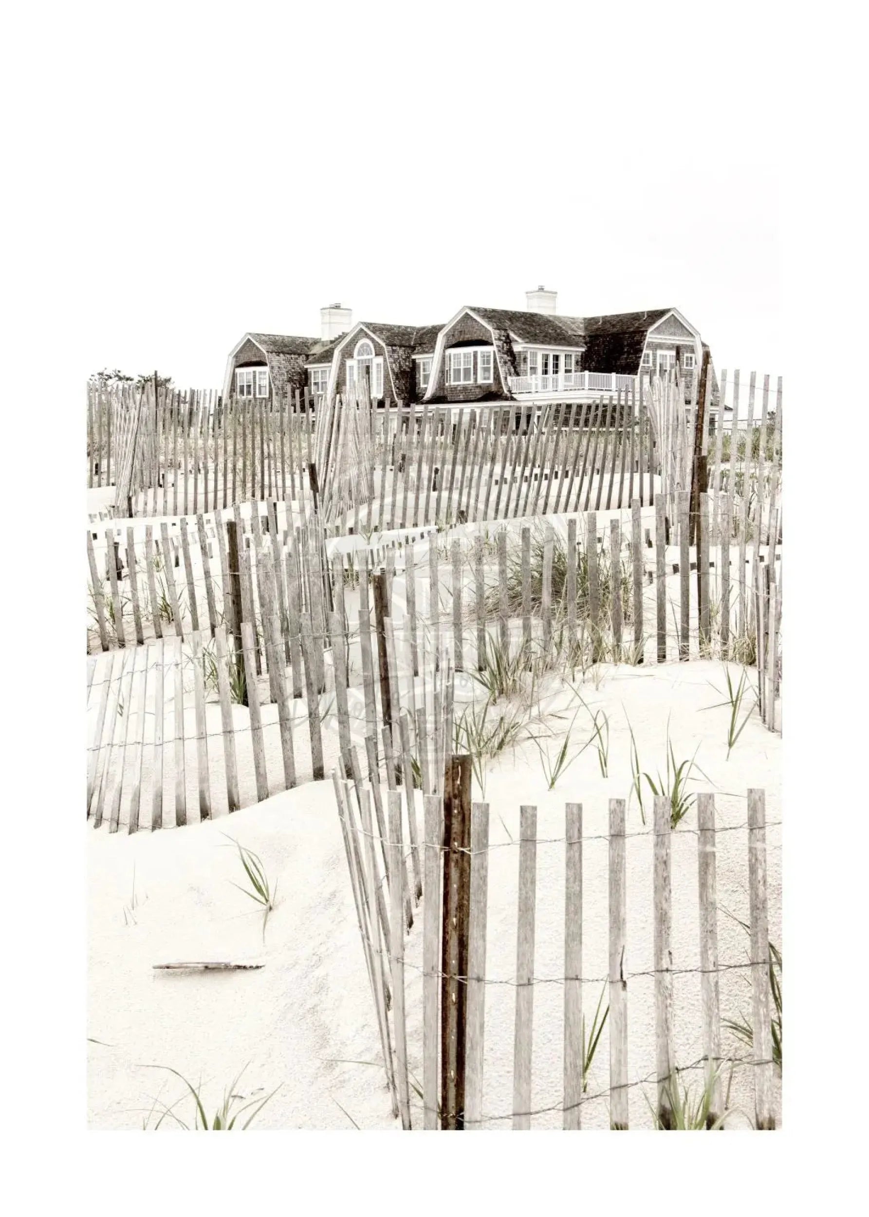 Schwarz-weiß Poster des Hamptons Long Island Beach House von Cosman-Photocollection, A4-Druck, mit weißem Rand.
