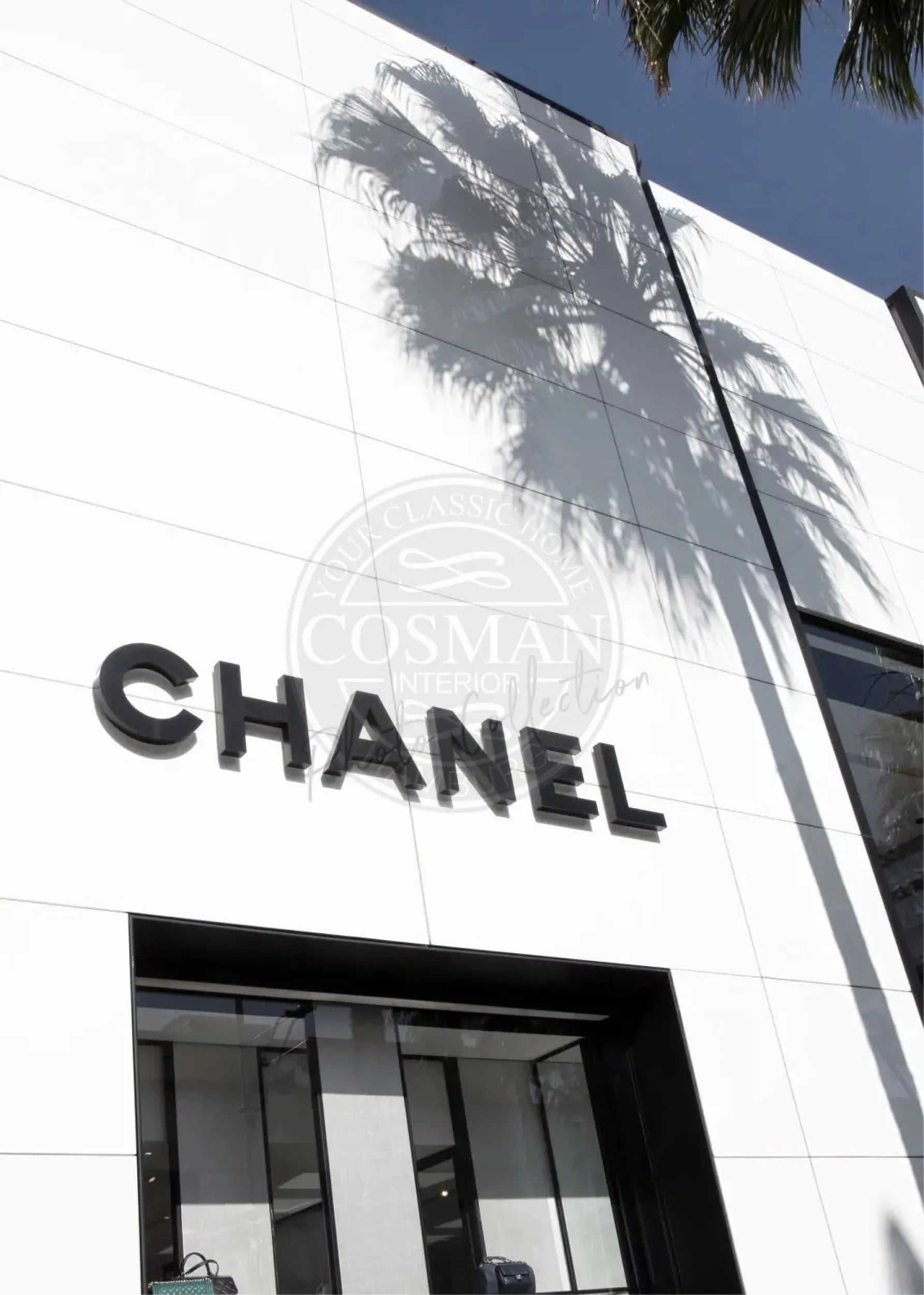 Schwarz-weiß Poster von Beverly Hills in Kalifornien mit Chanel-Logo, 21x29,7 cm, von Cosman-Photocollection.