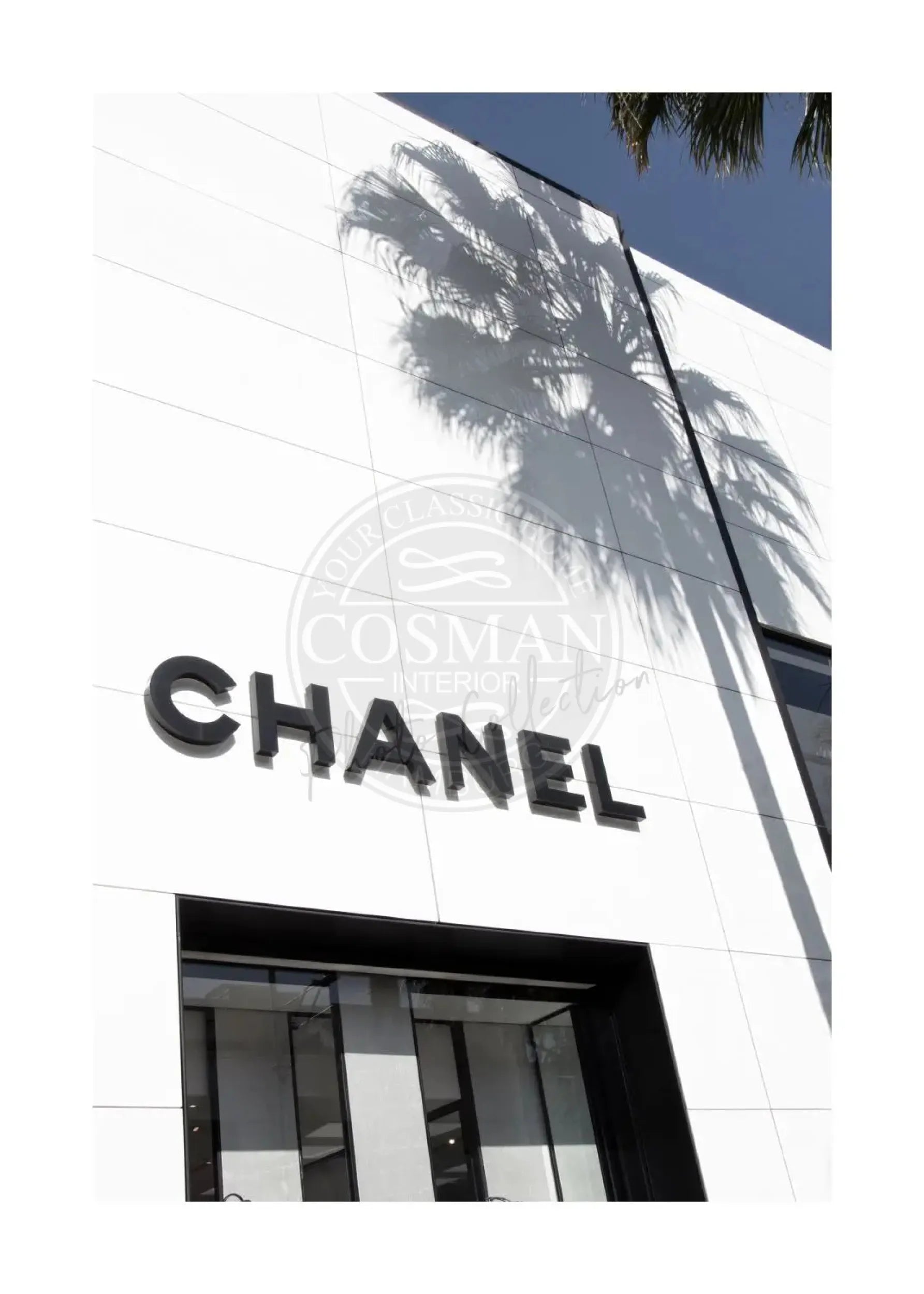 Schwarz-weiß Poster von Beverly Hills mit Chanel Schriftzug, 21x29,7 cm, von Cosman-Photocollection, A4-Format