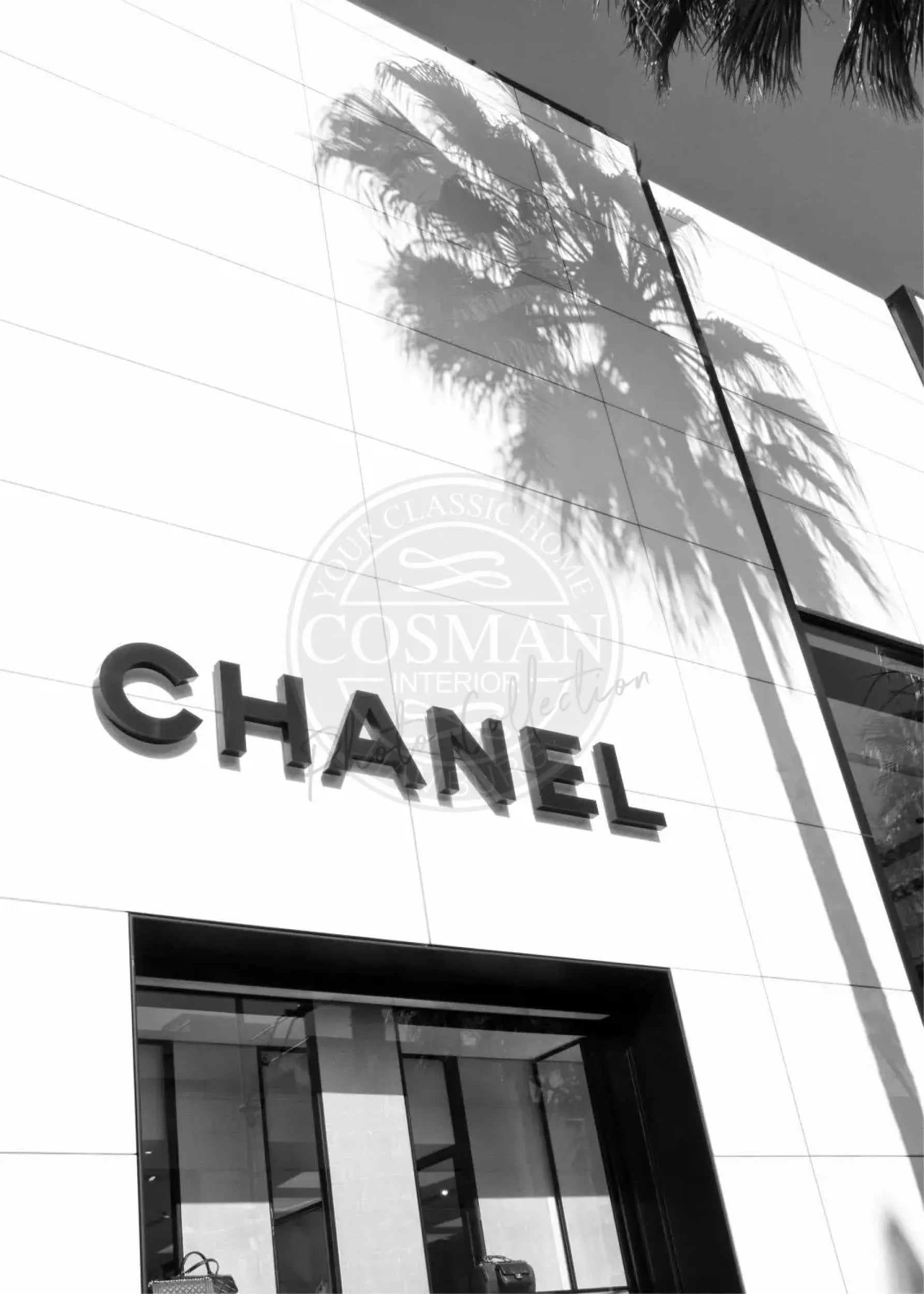 Schwarz-weißer Poster Druck von Beverly Hills in Kalifornien mit Chanel-Logo, 21x29,7 cm, von Cosman-Photocollection