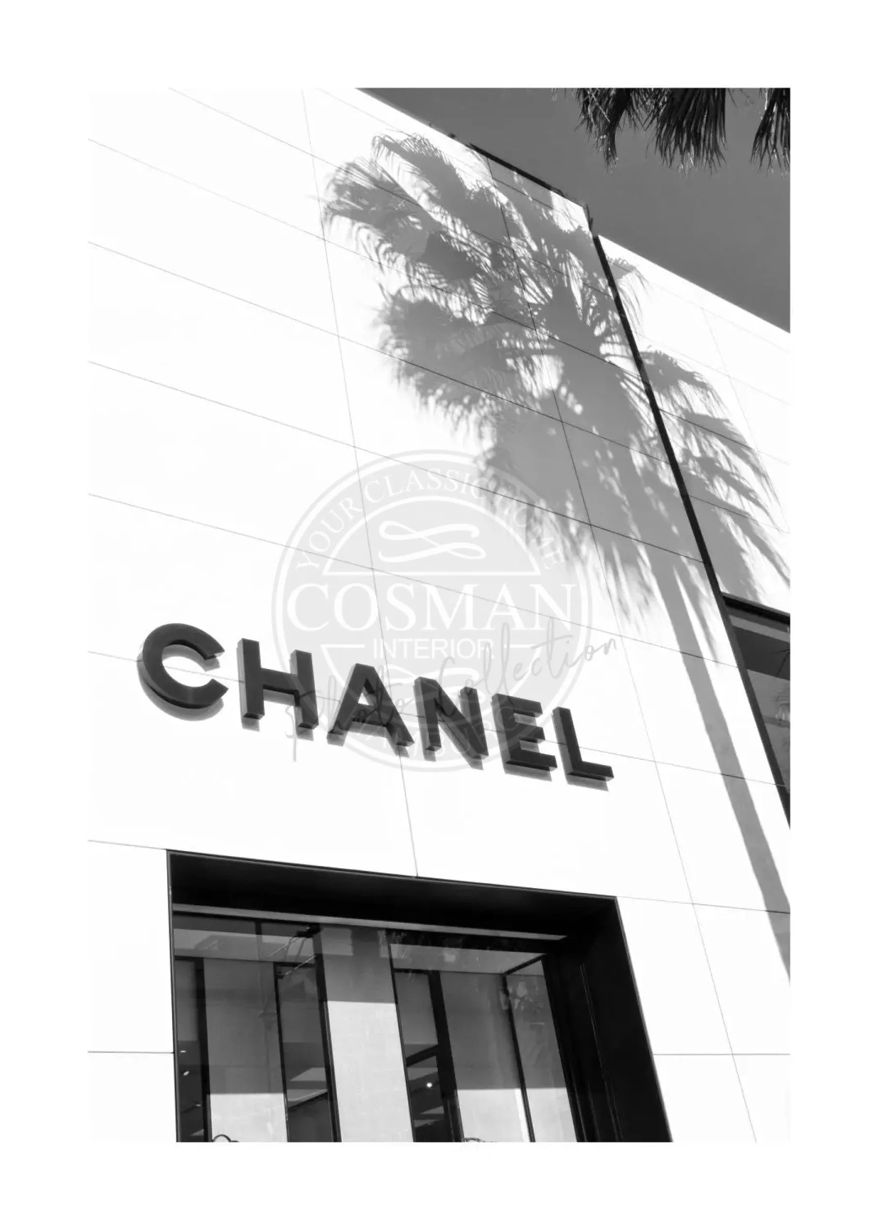 Schwarz-Weiß-Poster von Beverly Hills in Kalifornien mit Chanel-Logo, 21x29,7 cm, von Cosman-Photocollection.