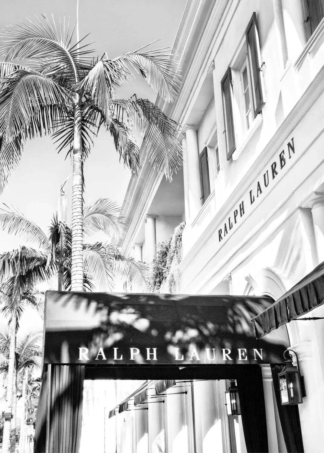 Schwarz-weiß Poster von Beverly Hills in Kalifornien, Ralph Lauren Design, von Cosman-Photocollection, 21x29,7 cm, A4.