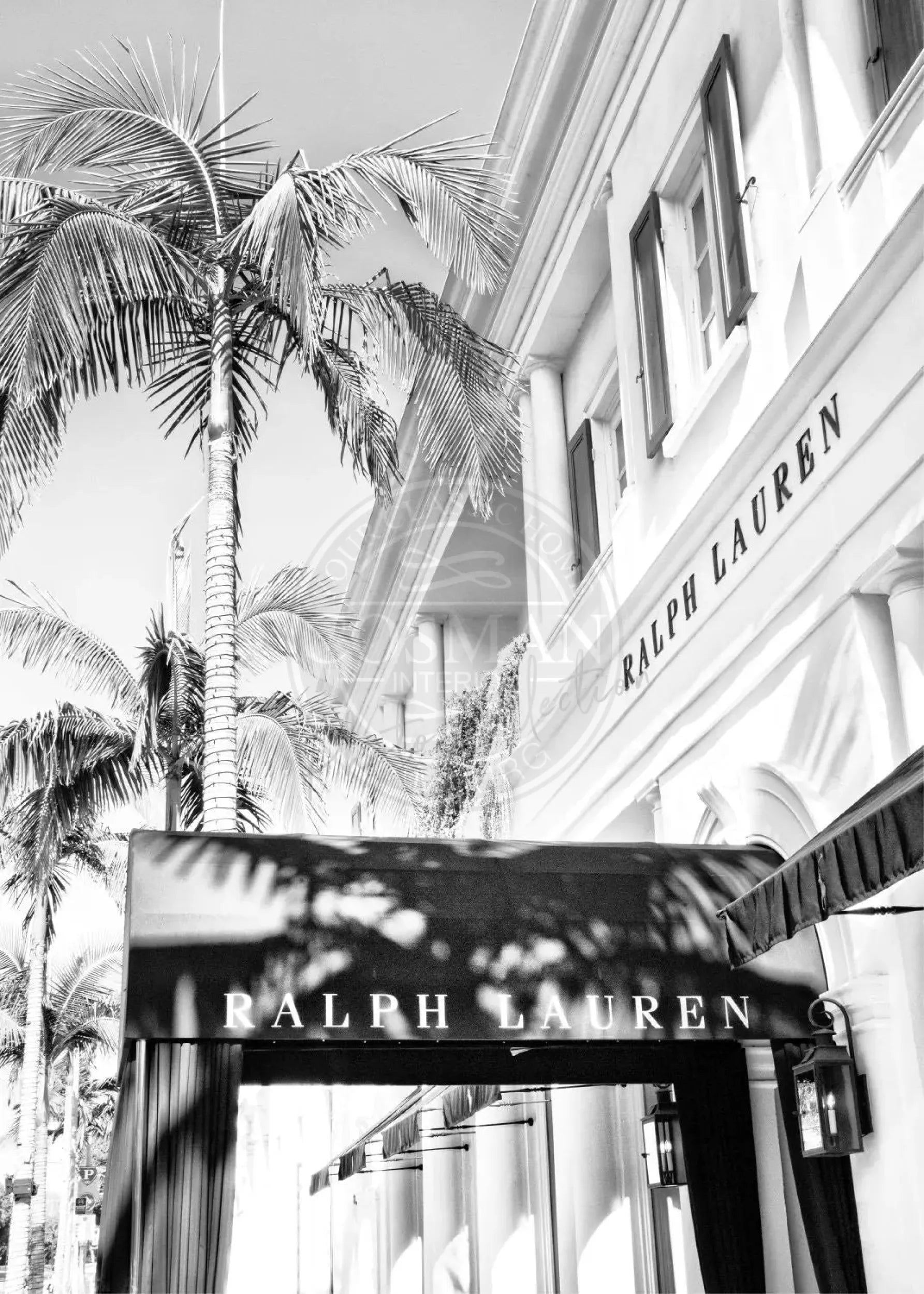 Schwarz-weiß Poster von Beverly Hills in Kalifornien, Ralph Lauren Design, von Cosman-Photocollection, 21x29,7 cm, A4.