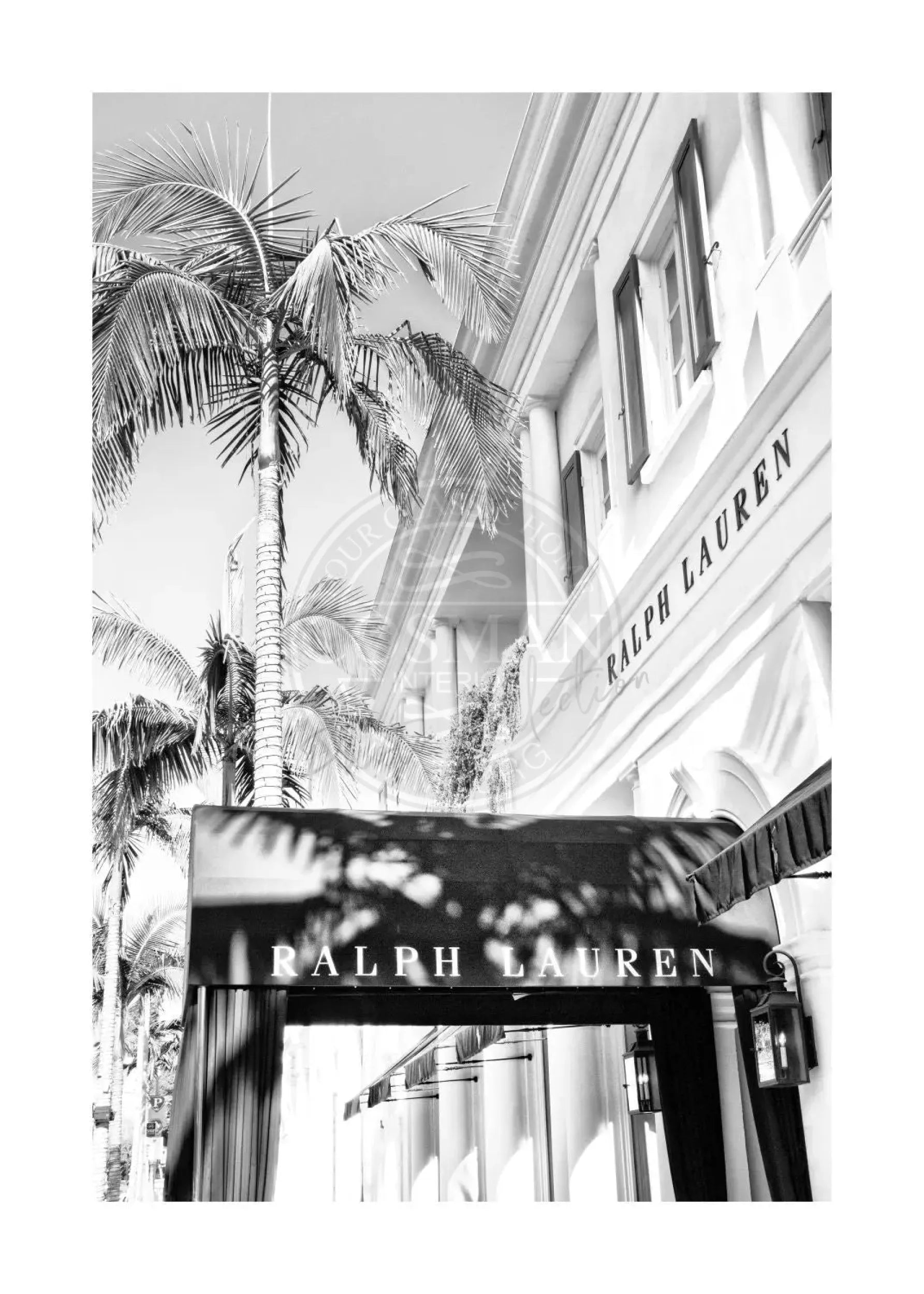 Schwarz-Weiß-Poster von Beverly Hills in Kalifornien mit Ralph Lauren-Logo, von Cosman-Photocollection, A4-Größe.