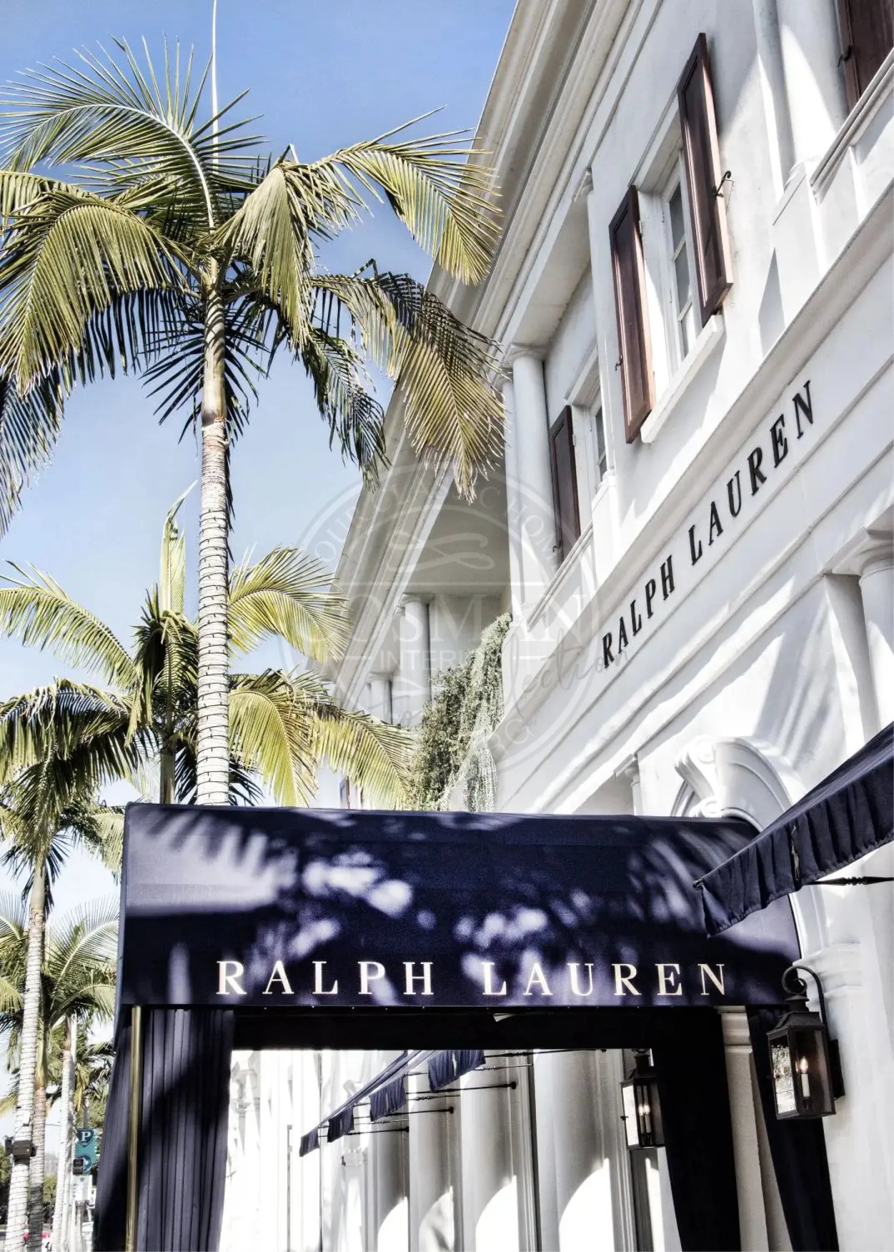 Schwarz-weißer Poster Druck von Kalifornien Beverly Hills mit Ralph Lauren Logo, von Cosman-Photocollection, A4 Größe.