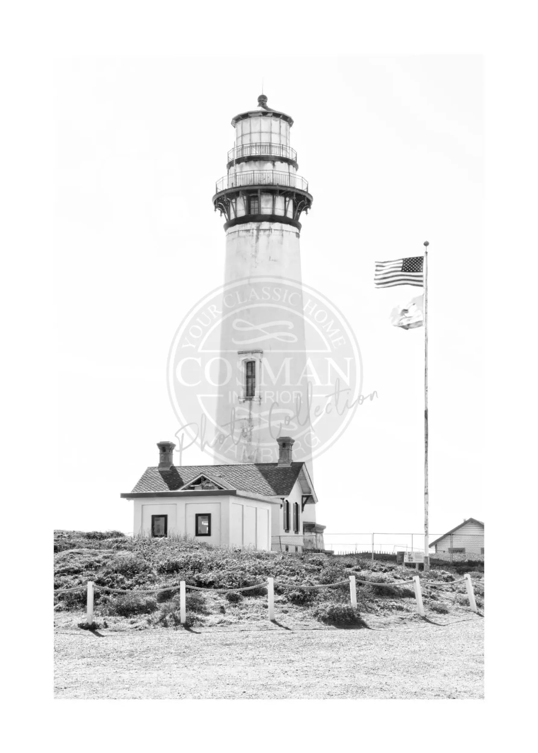 Schwarz-weiß Poster Kalifornien mit Leuchtturm von Cosman-Photocollection, A4-Größe, mit weißem Rand, Blick auf den Leuchtturm