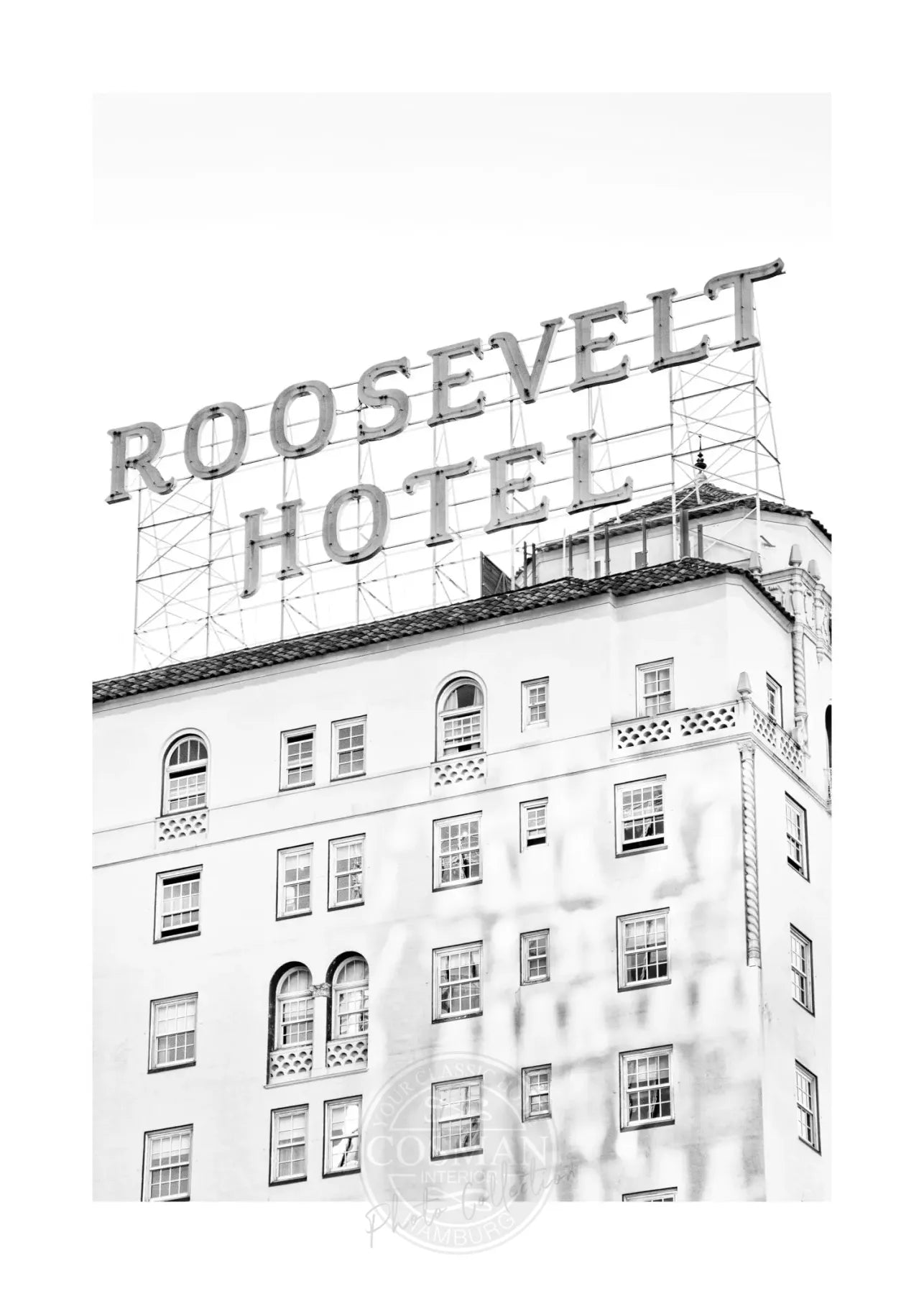 Schwarz-Weiß-Poster von Cosman-Photocollection mit Weißrand, Kalifornien Los Angeles Roosevelt Hotel, 21x29,7 cm, A4-Größe