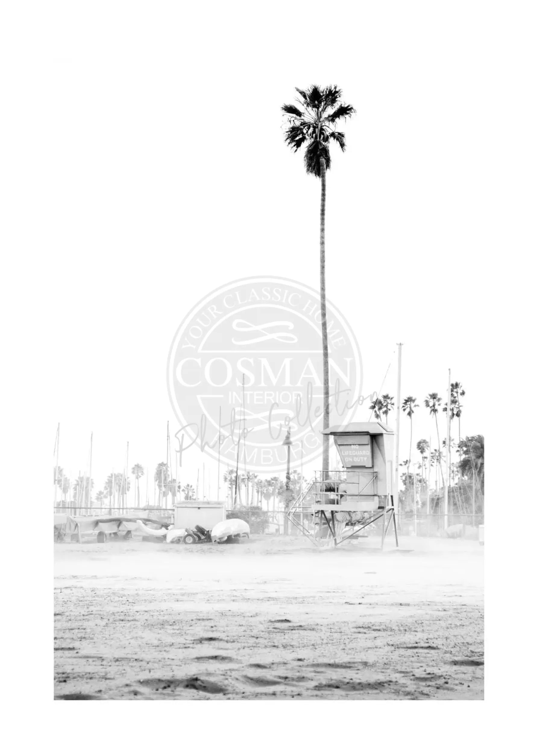 Schwarz-Weiß-Poster von Santa Barbara Beach in Kalifornien, 21x29,7 cm, von Cosman-Photocollection mit weißem Rand.