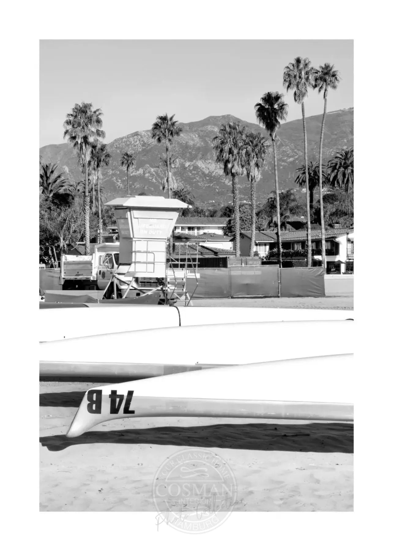 Schwarz-weiß Poster von Santa Barbara, Kalifornien, im A4-Format, mit weißem Rand, von Cosman-Photocollection.