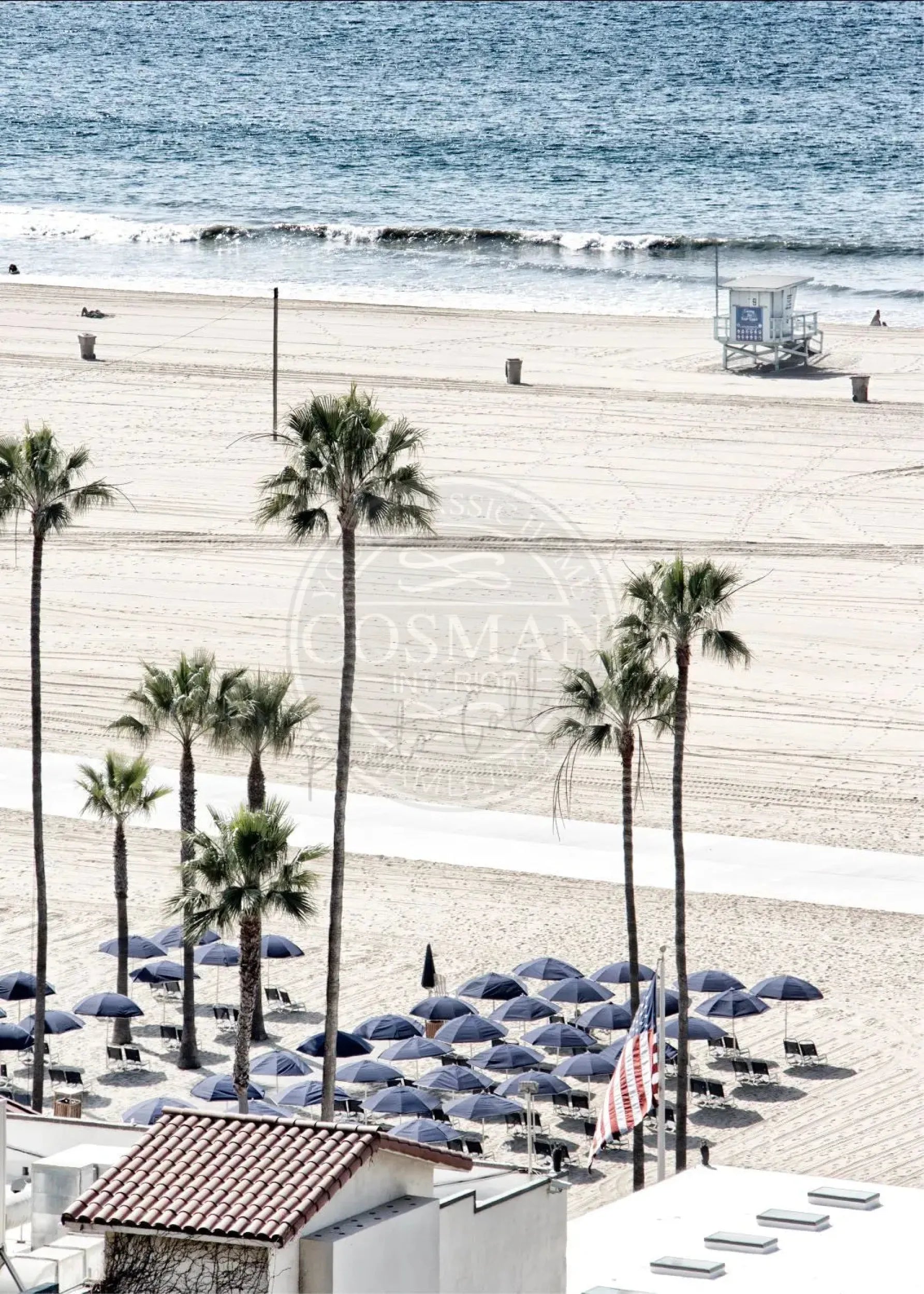 Schwarz-weiß Poster von Santa Monica Beach, Kalifornien, im A4-Format, von Cosman-Photocollection mit weißem Rand.