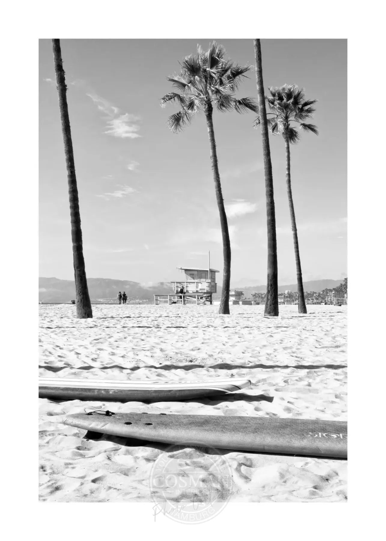 Schwarz-Weiß-Poster von Venice Beach, Kalifornien, im A4-Format, mit weißem Rand, von Cosman-Photocollection.