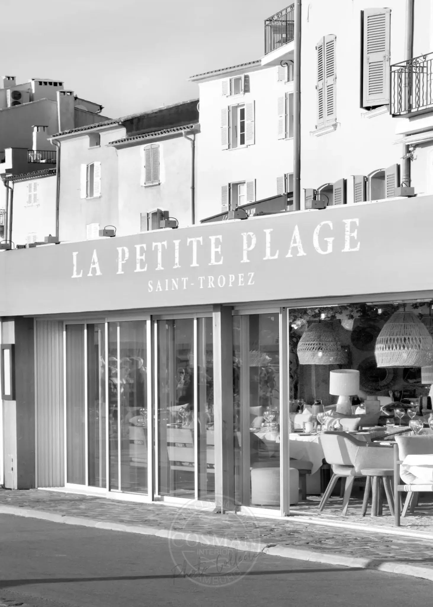 Schwarz-weiß Poster 'La Petite Plage' Saint Tropez von Cosman-Photocollection, A4-Größe, mit weißem Rand