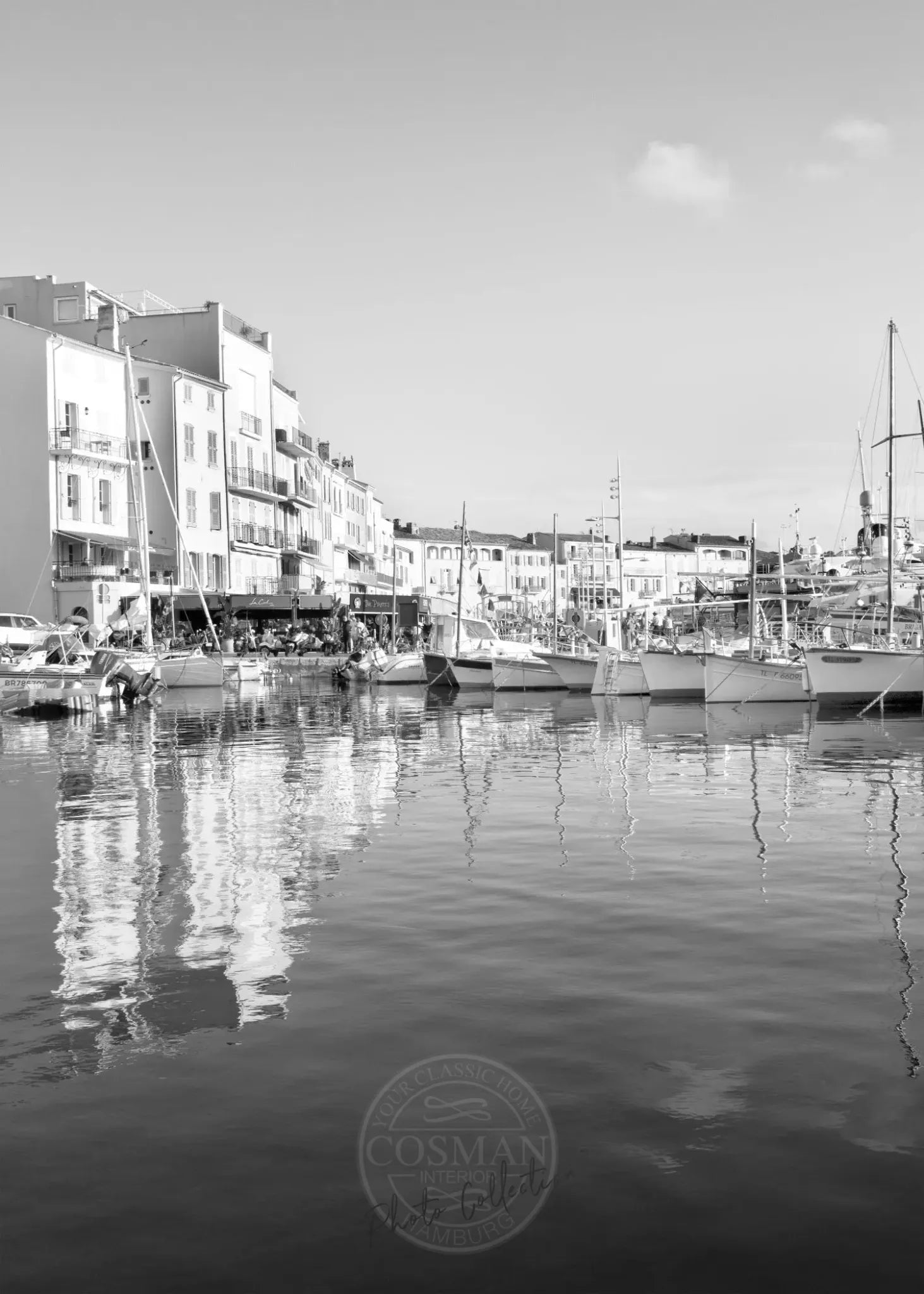 Schwarz-weiß Poster vom Hafen in Saint Tropez, A4-Größe, von Cosman-Photocollection, mit weißem Rand, für Wanddekoration.