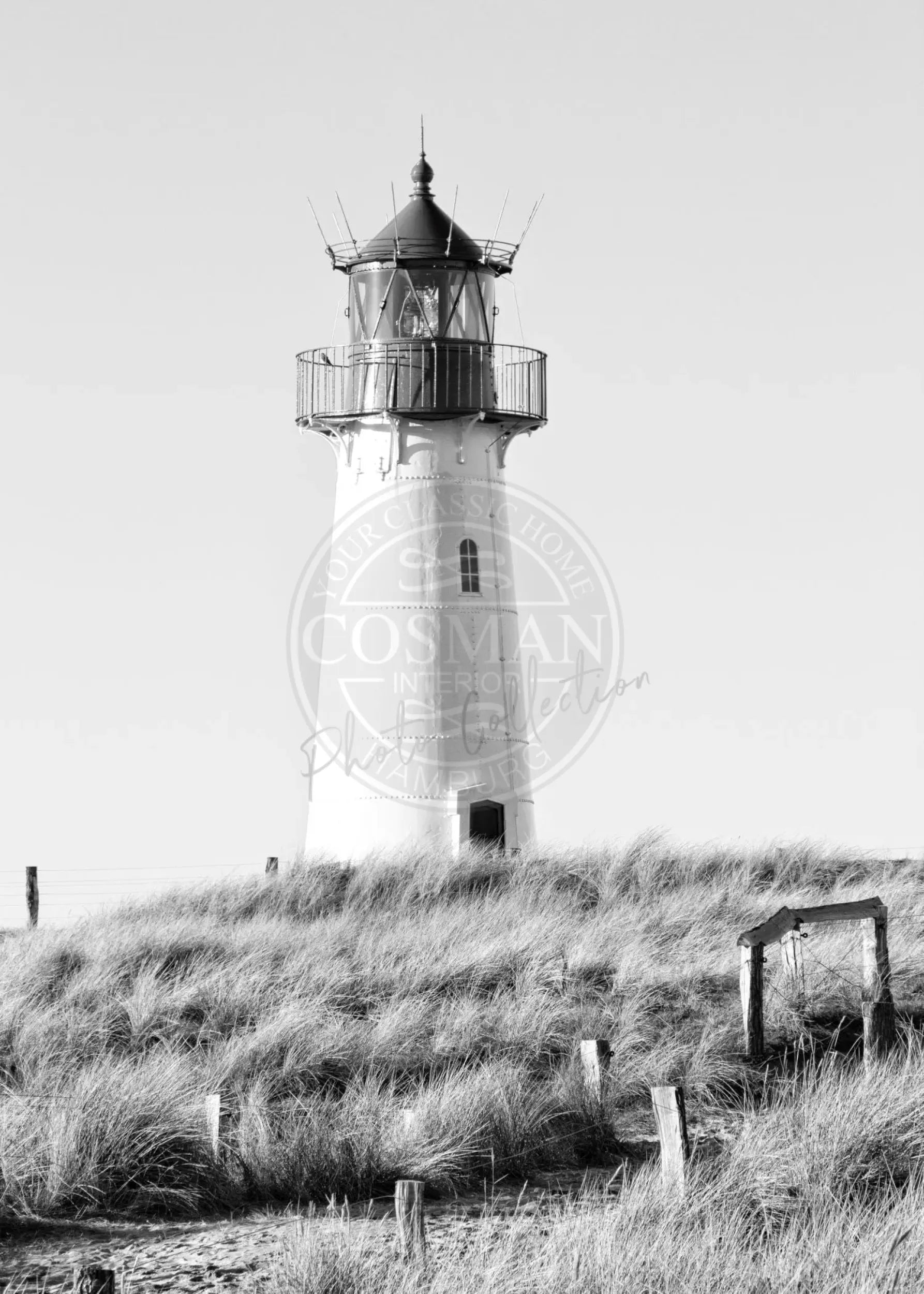 Schwarzweiß-Poster von Sylt mit Leuchtturm List, von Cosman-Photocollection, A4-Größe, mit weißem Rand