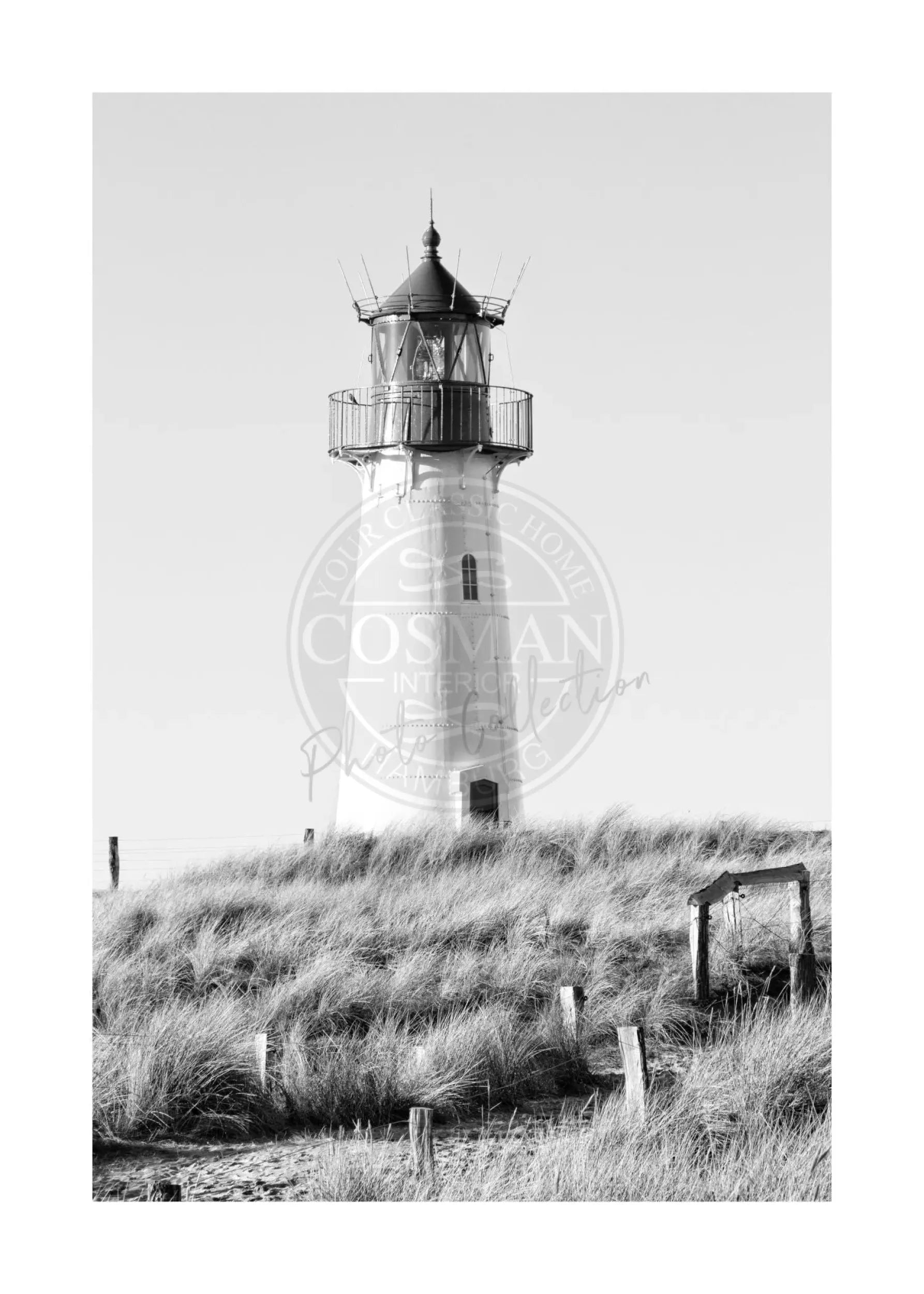 Schwarz-Weiß-Poster von Sylt mit Leuchtturm List, 21x29,7 cm, von Cosman-Photocollection, mit weißem Rand