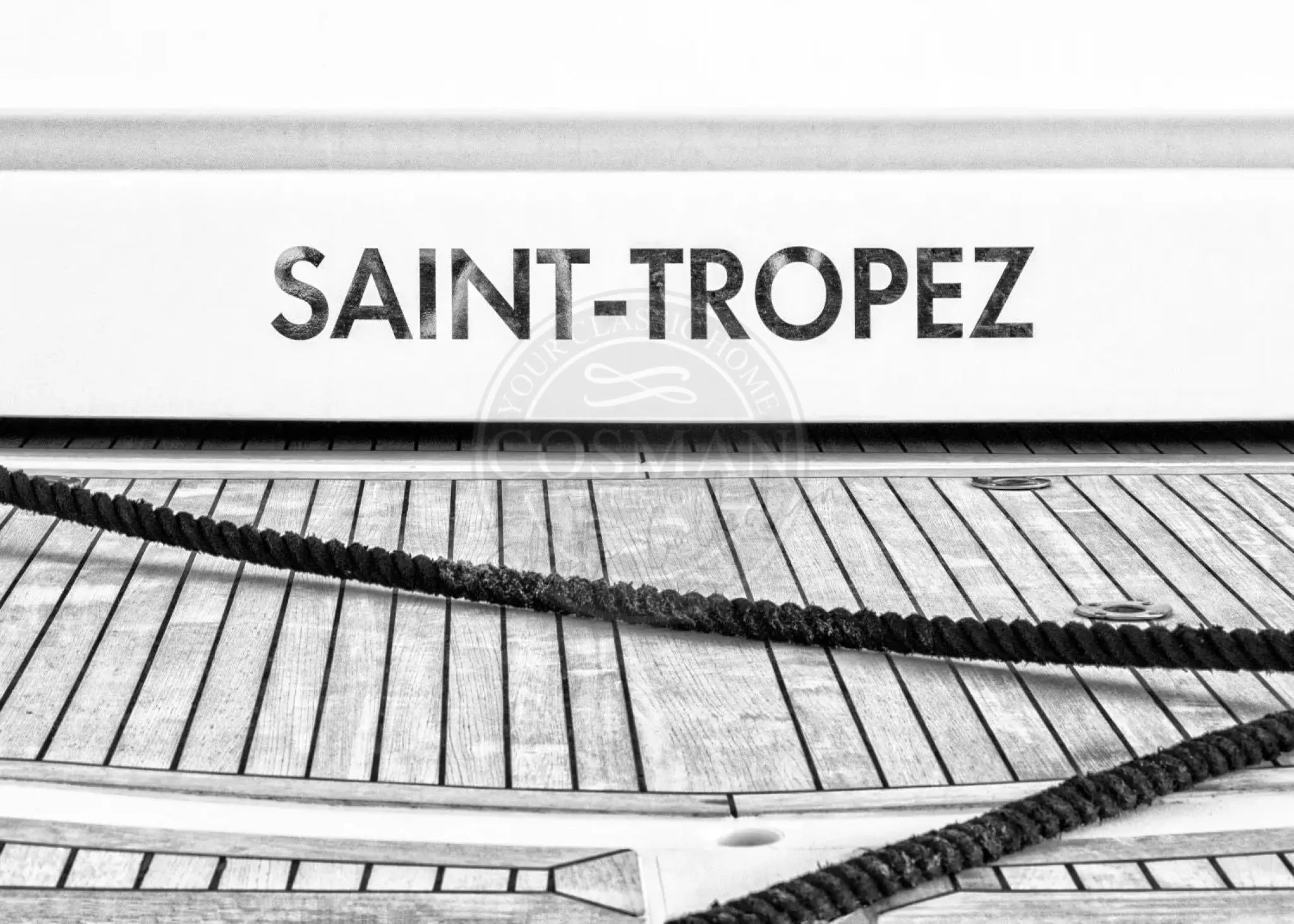 Schwarz-Weiß-Poster mit Bootmotiv von Saint Tropez, 29,7x21cm, von Cosman-Photocollection, gerahmt mit weißem Rand.