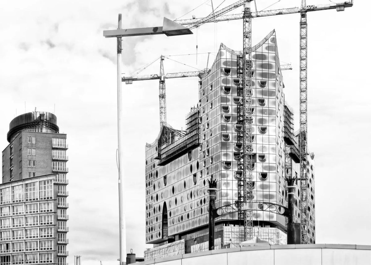Schwarz-Weiß-Poster von Hamburg Elphi, A4-Größe, von Cosman-Photocollection, mit weißem Rand, detailreiches Stadtbild.