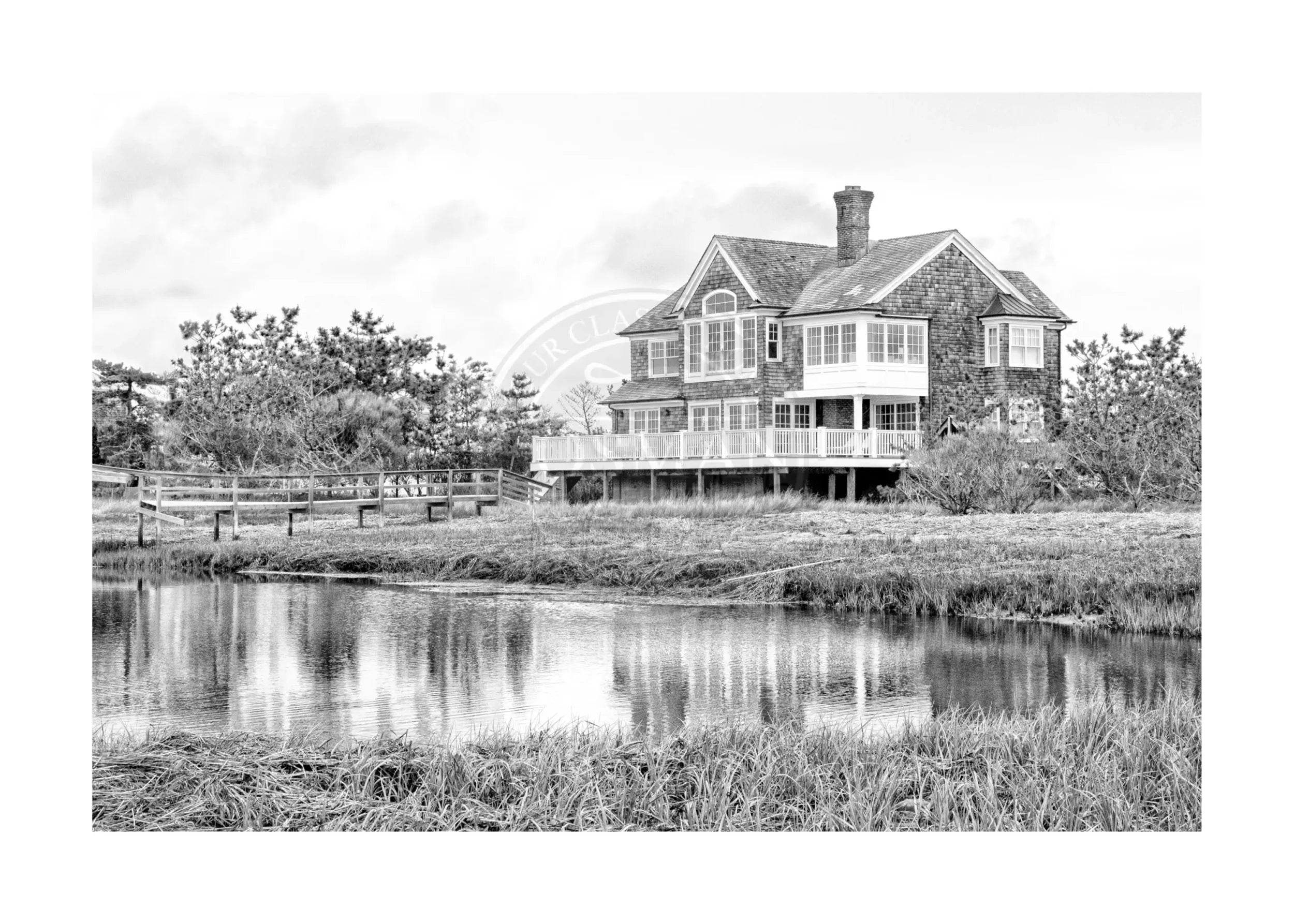 Schwarz-weiß Poster Hamptons Long Island ’Beach House’ von Cosman-Photocollection, A4-Größe mit weißem Rand