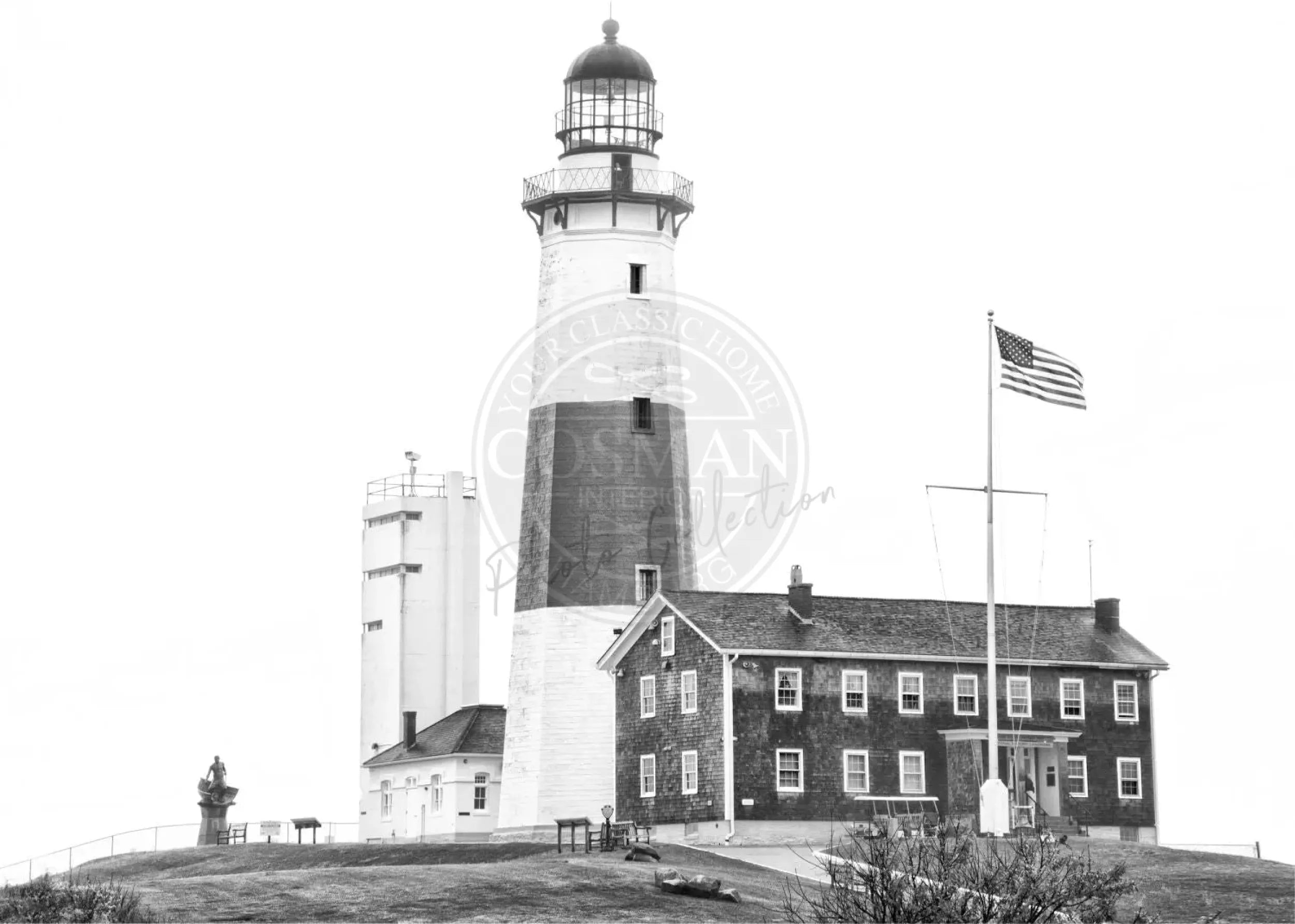 Schwarz-Weiß-Poster des Leuchtturms Hamptons Montauk von Cosman-Photocollection, 29,7x21cm, mit weißem Rand.