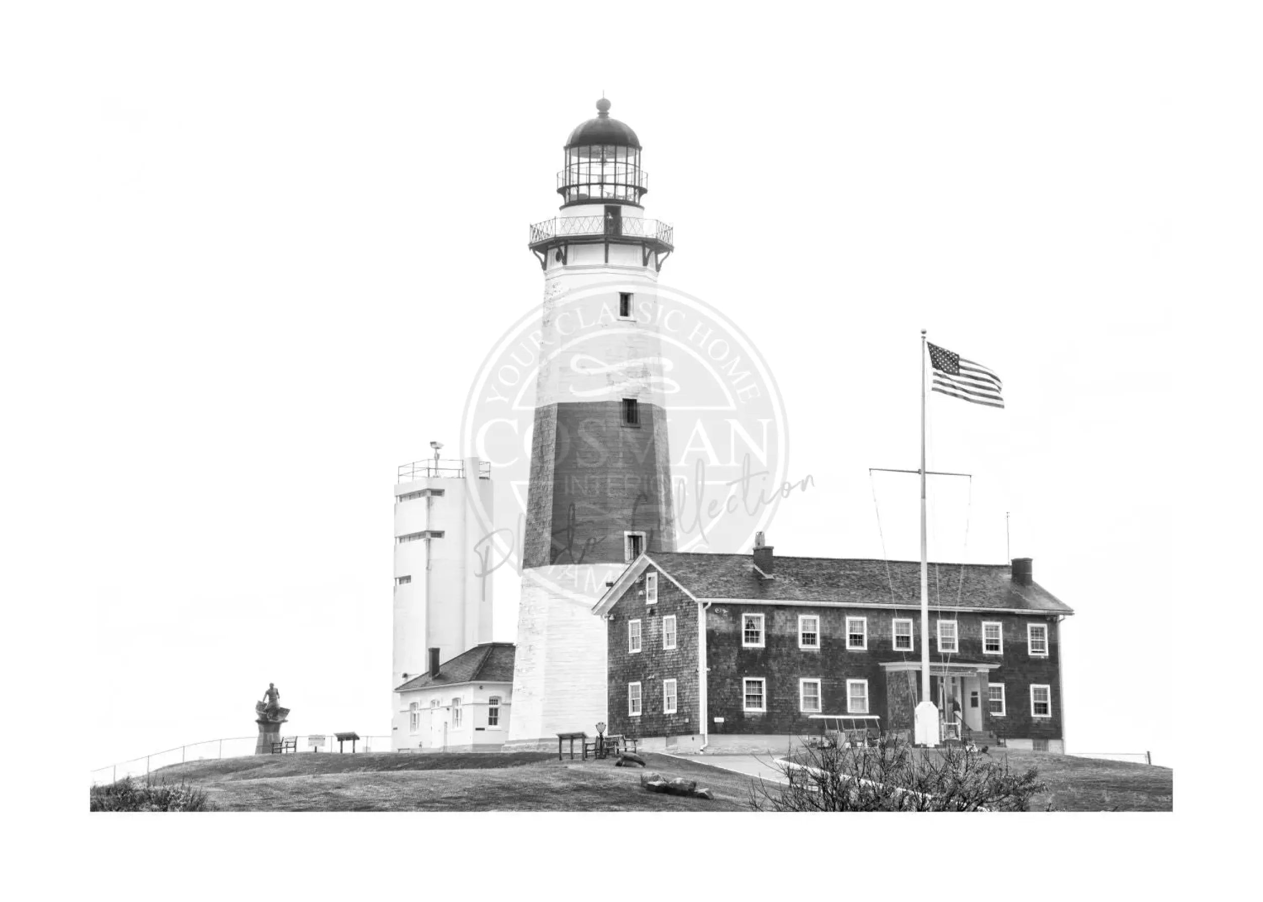 Schwarz-weiß Poster des Leuchtturms Hamptons Montauk von Cosman-Photocollection, A4-Größe, mit weißem Rand.