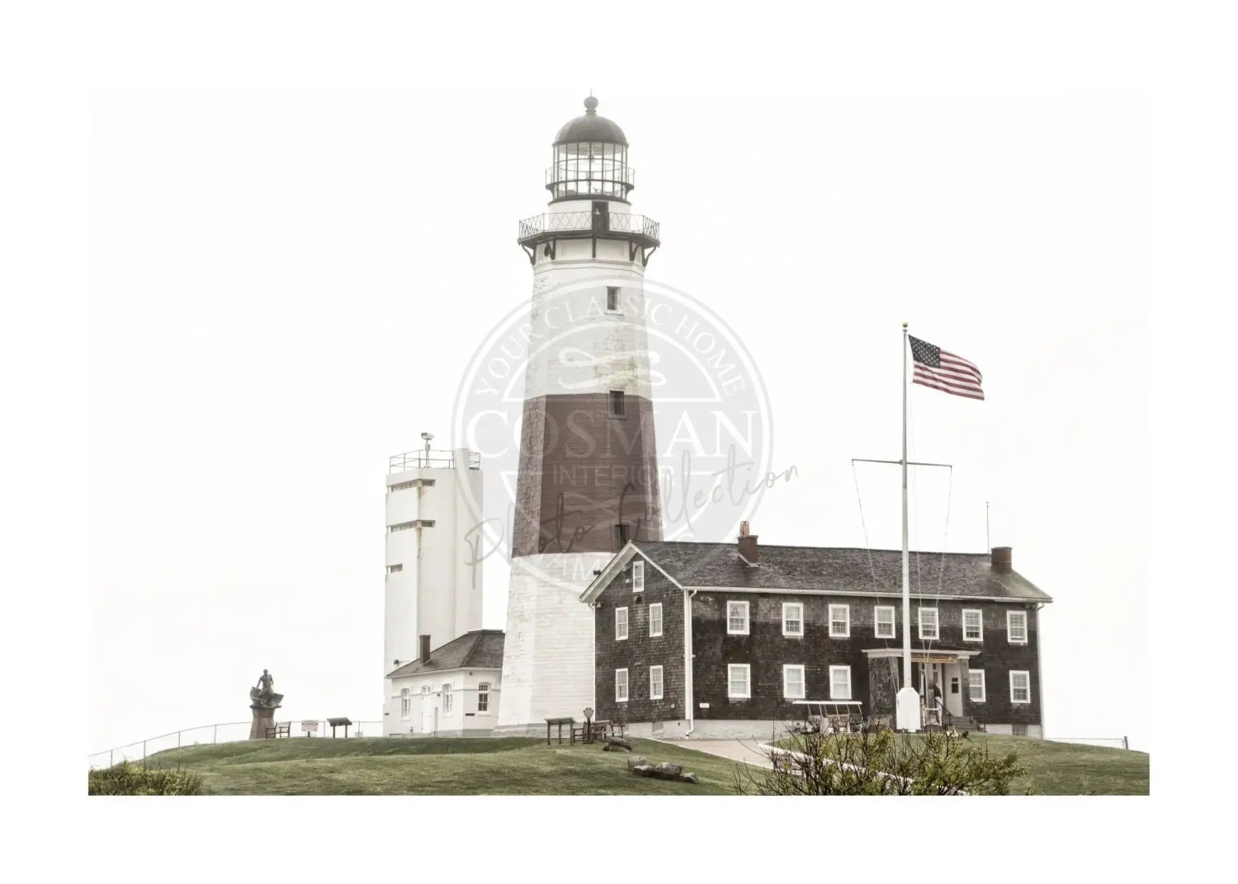 Schwarz-weiß Poster des Leuchtturms Montauk in den Hamptons von Cosman-Photocollection, A4-Größe, mit weißem Rand
