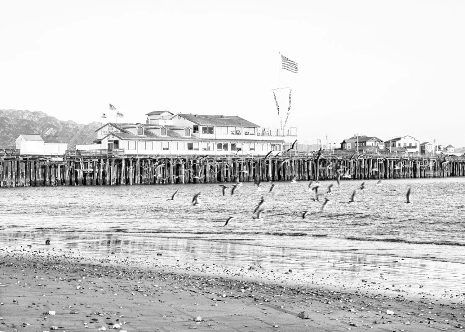Schwarz-weiß Poster von Santa Barbara Pier in Kalifornien, von Cosman-Photocollection, A4 Größe, mit weißem Rand.