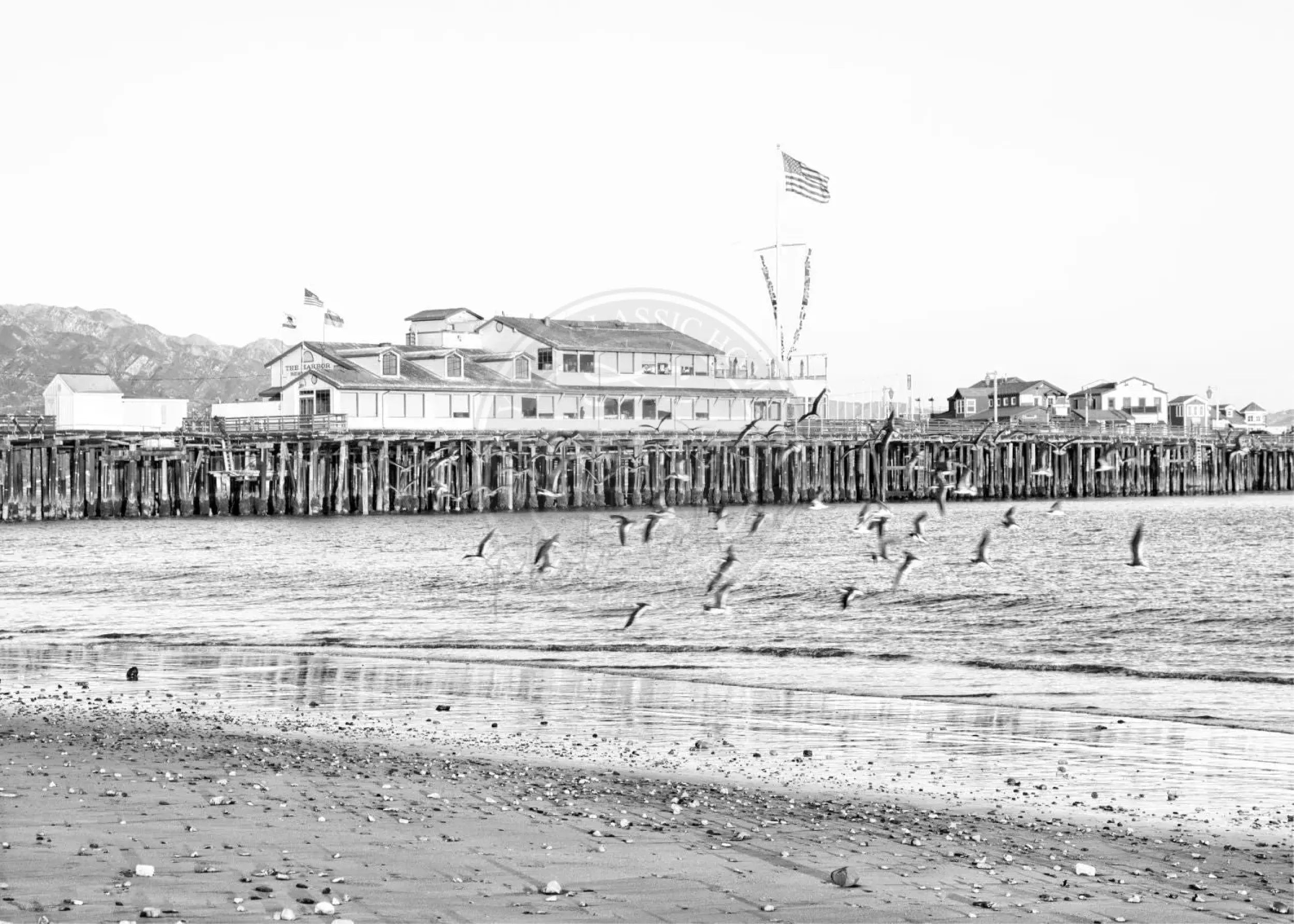 Schwarz-weiß Poster von Santa Barbara Pier in Kalifornien, von Cosman-Photocollection, A4 Größe, mit weißem Rand.