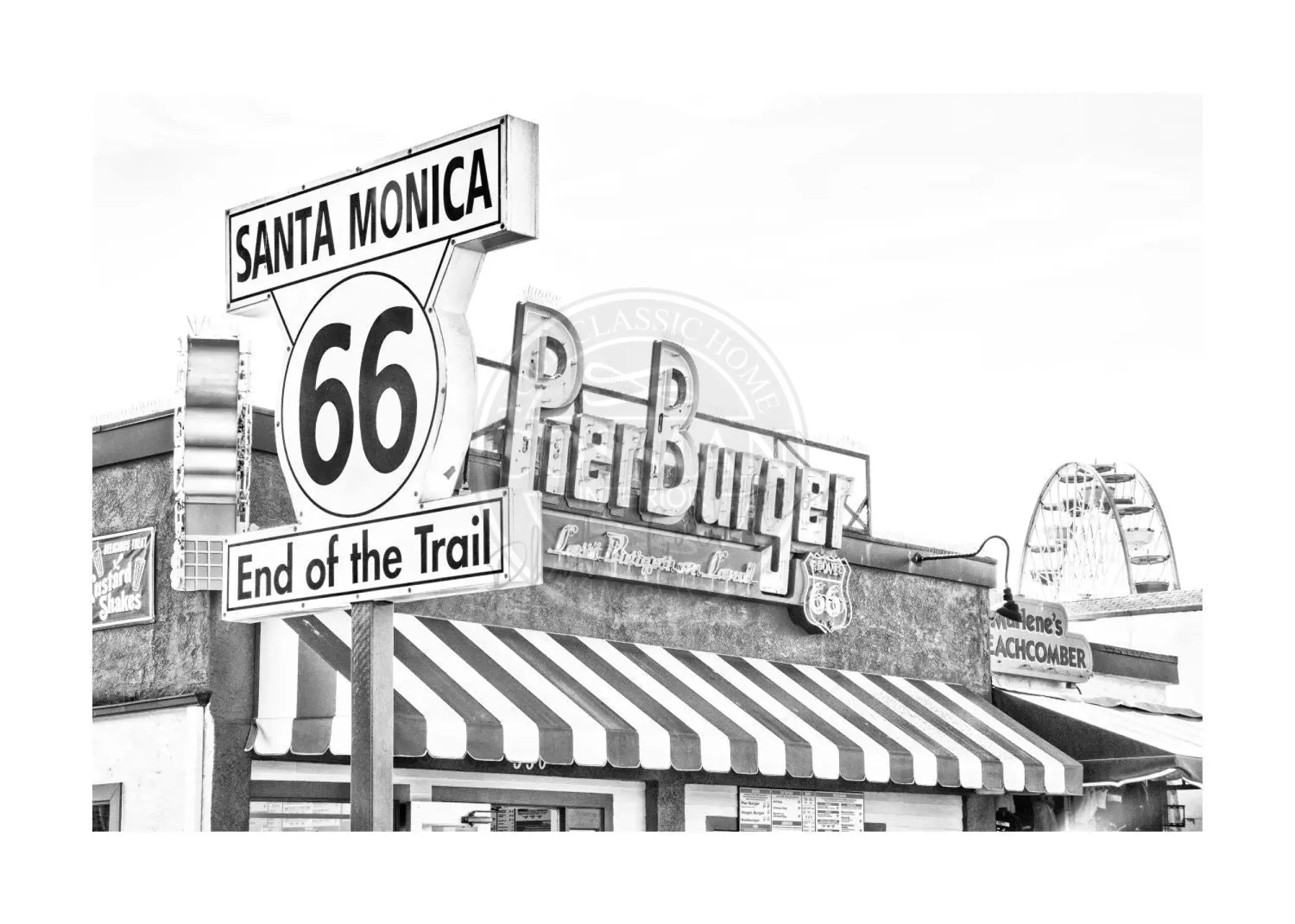 Schwarz-weiß Poster von Santa Monica Pier in Kalifornien, von Cosman-Photocollection, mit weißem Rand, A4-Format, 29,7x21 cm