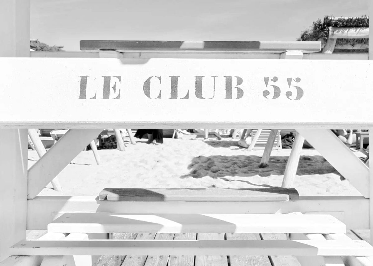 Schwarz-weiß Poster 'Le Club 55' Saint Tropez von Cosman-Photocollection, 29,7x21cm, mit weißem Rand, detailliertes Fotokunstwerk