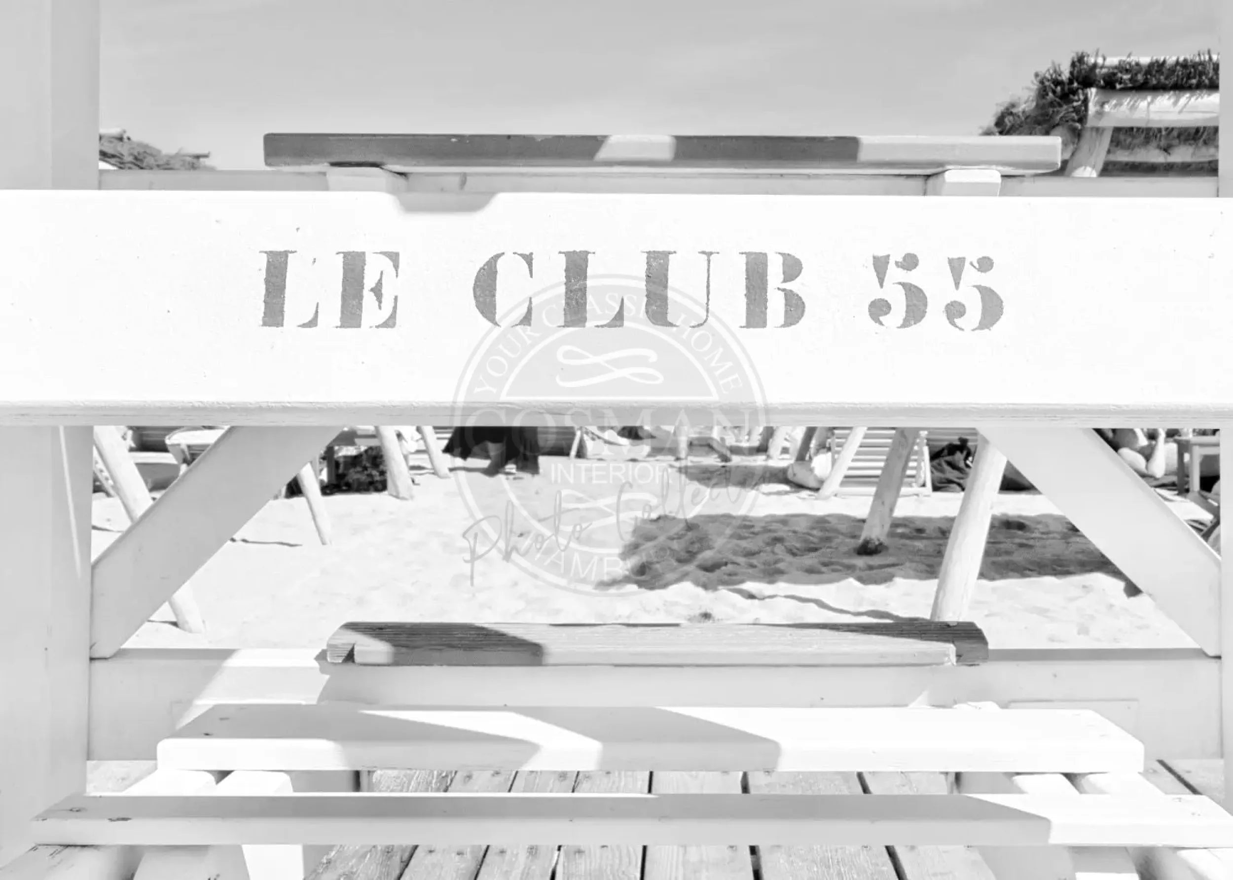 Schwarz-weiß Poster 'Le Club 55' Saint Tropez von Cosman-Photocollection, 29,7x21cm, mit weißem Rand, detailliertes Fotokunstwerk