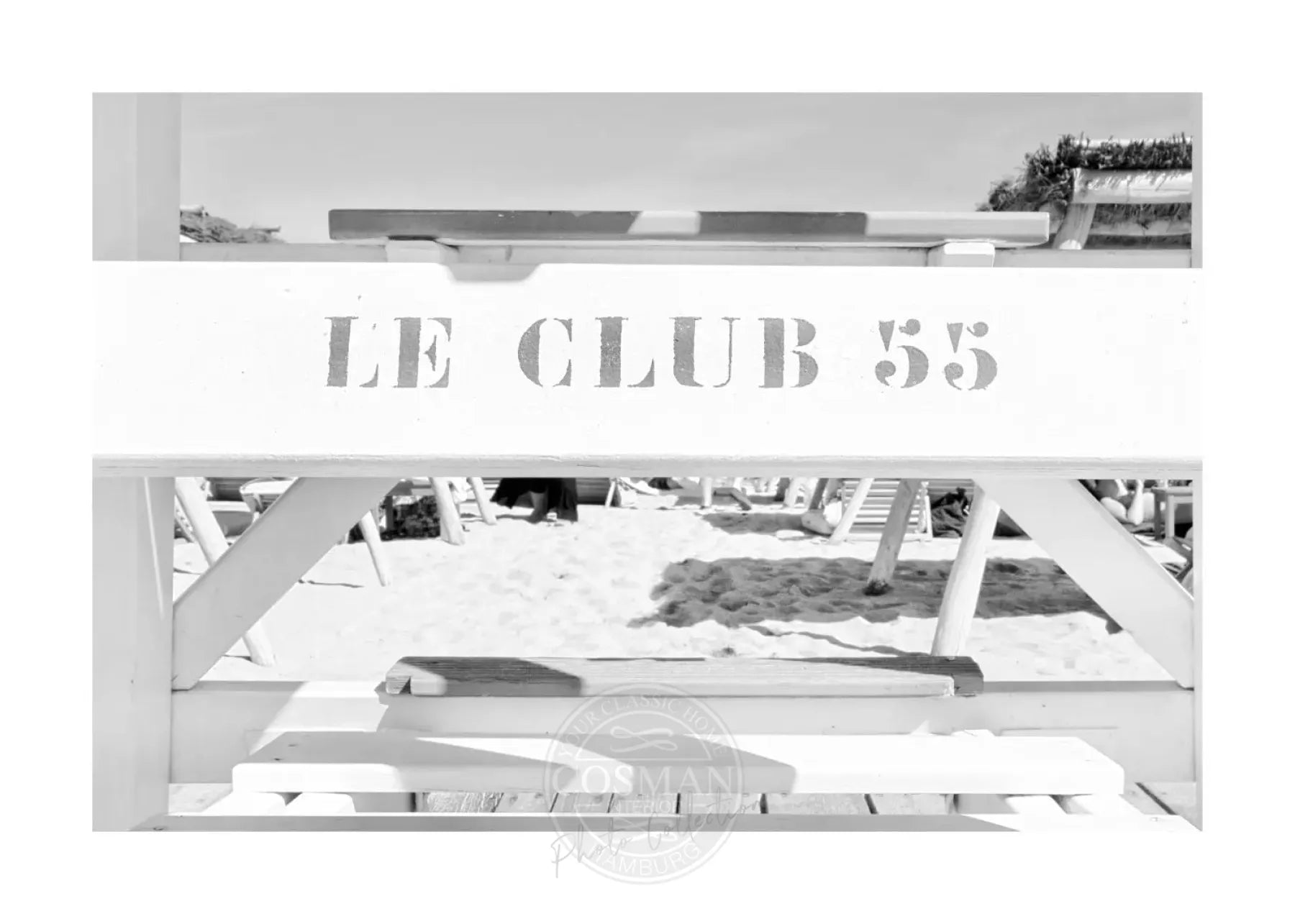 Schwarz-weiß Poster ’Le Club 55’ Saint Tropez von Cosman-Photocollection, A4-Größe, mit weißem Rand