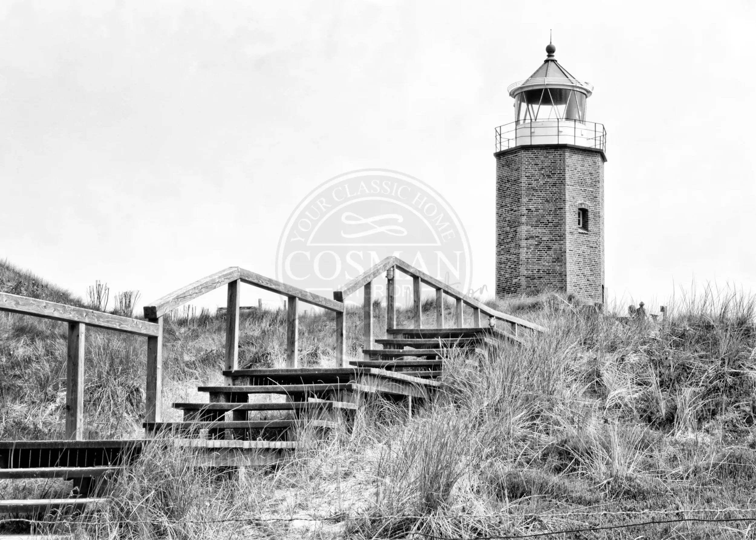 Schwarz-weiß Poster des Leuchtturms Kampen auf Sylt von Cosman-Photocollection, A4-Größe mit weißem Rand.