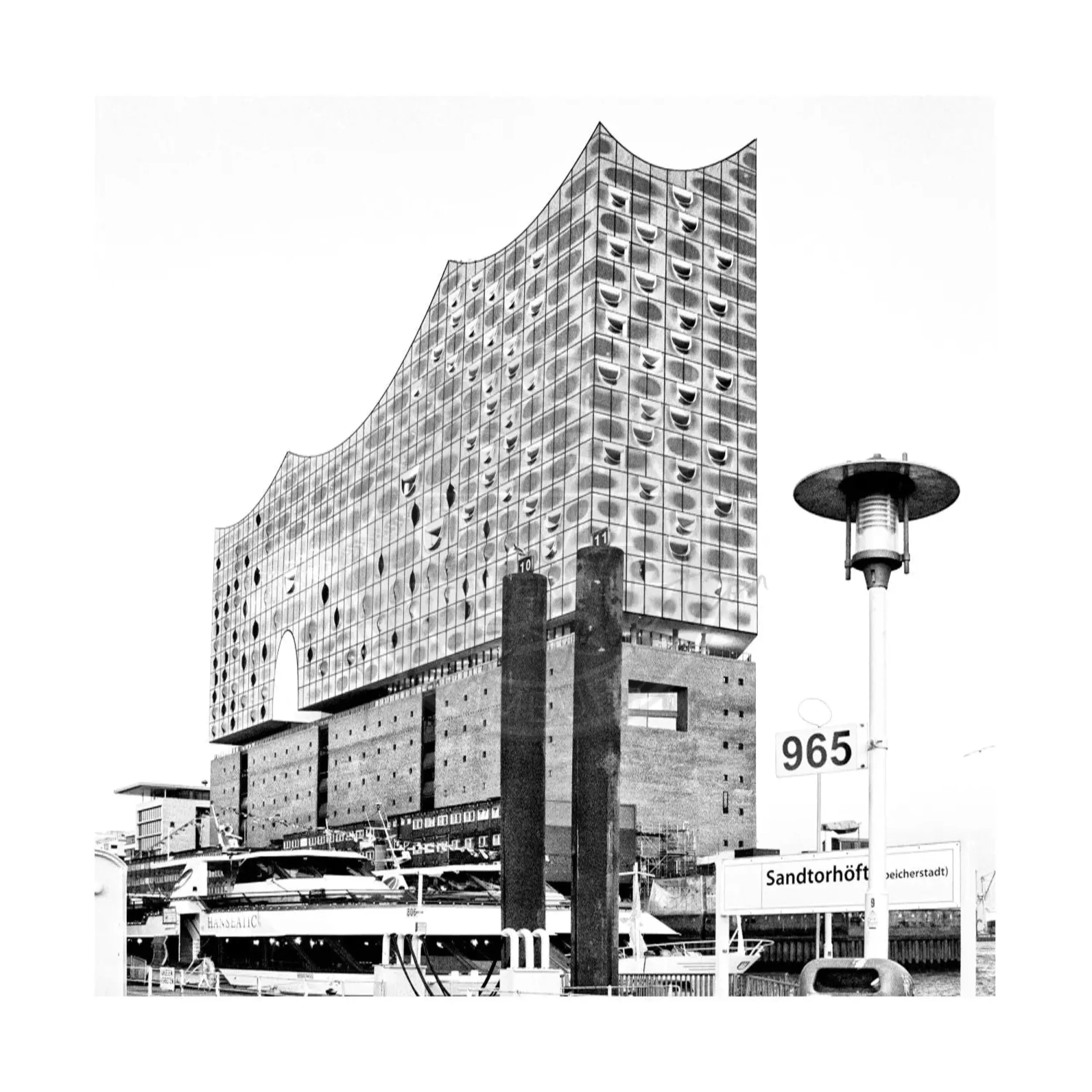 Schwarz-weiß Poster der Elbphilharmonie in Hamburg, 40x40cm, von Cosman-Photocollection, mit weißem Rand, kunstvoll und detailliert